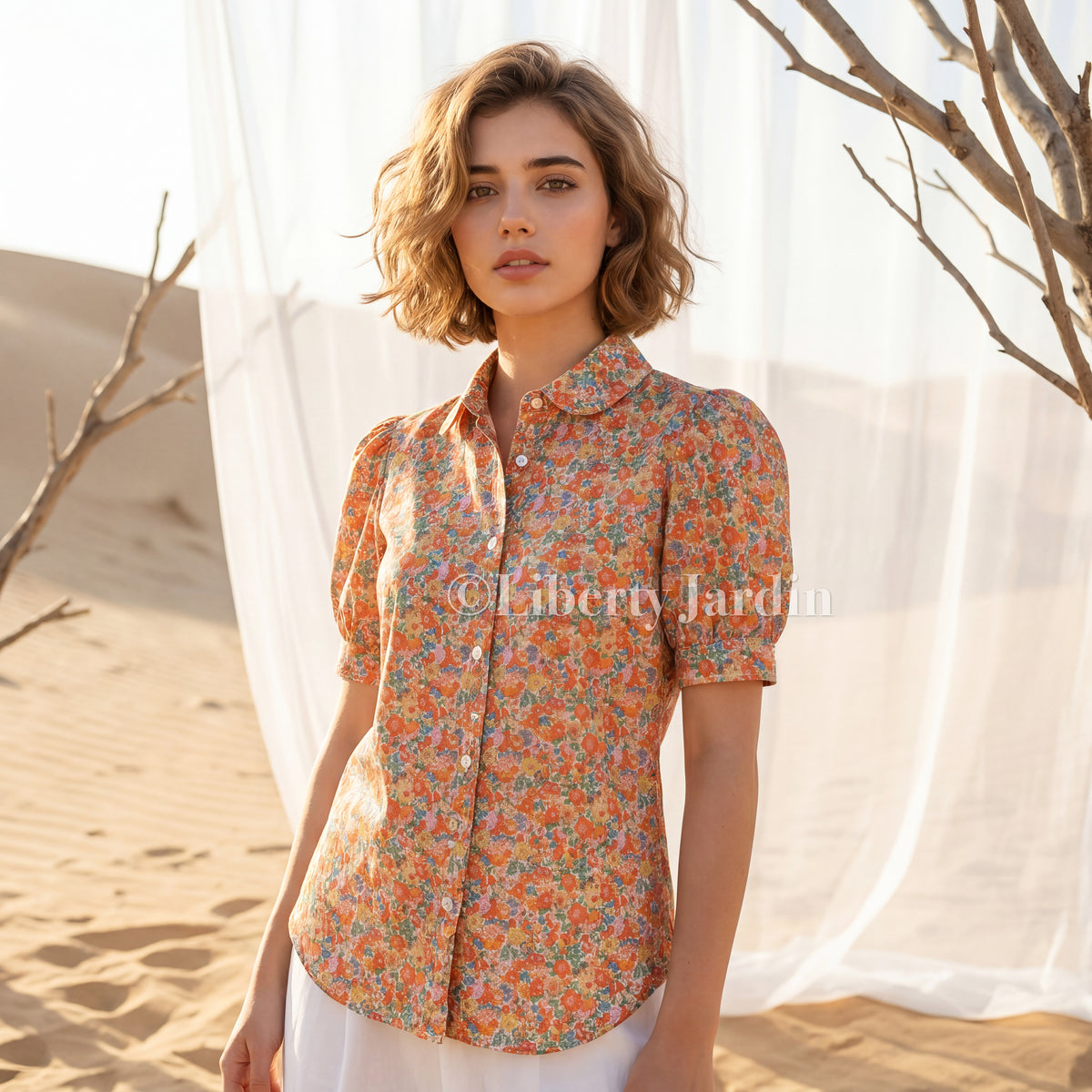 Liberty London Floral Cotton Shirt, Peter Pan Collar, Short Sleeve Top
