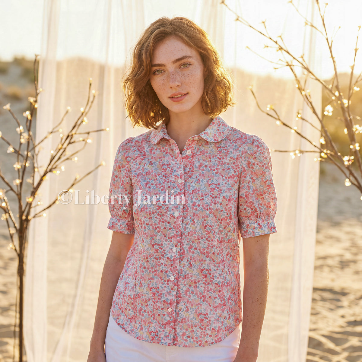 Liberty London Floral Cotton Shirt, Peter Pan Collar, Short Sleeve Top