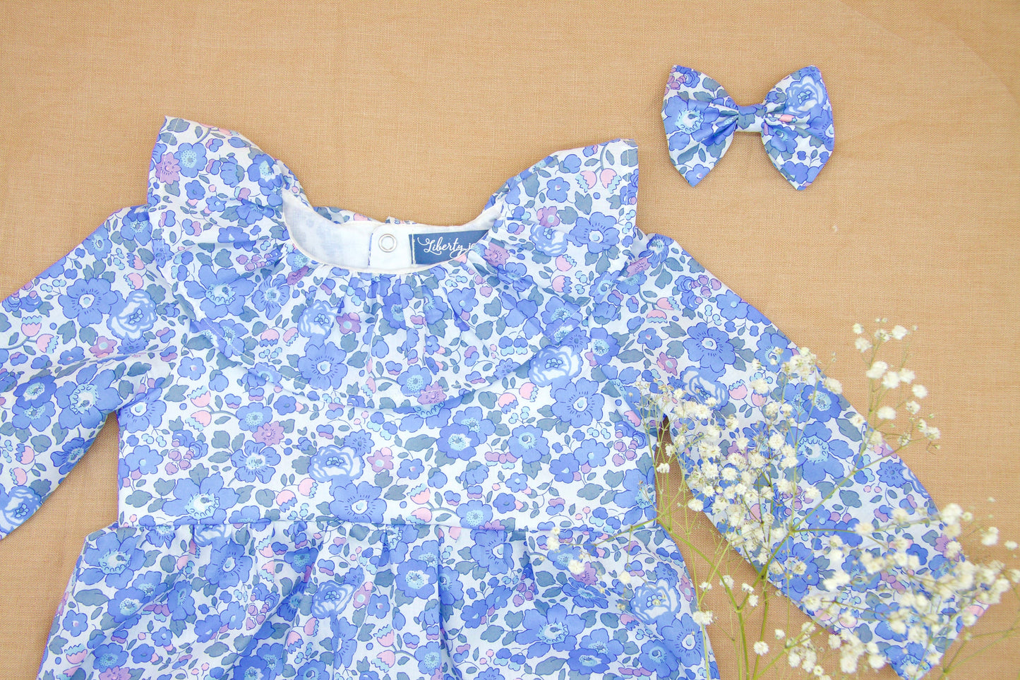 Liberty London Floral Bubble Romper, Pierrot Collar, Long Sleeves