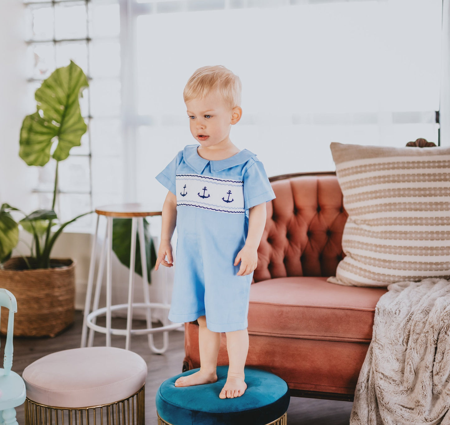 Easter Blue Smock Cotton Romper, Peter Pan Collar Short Sleeves Overalls, Sailor Print Playsuit