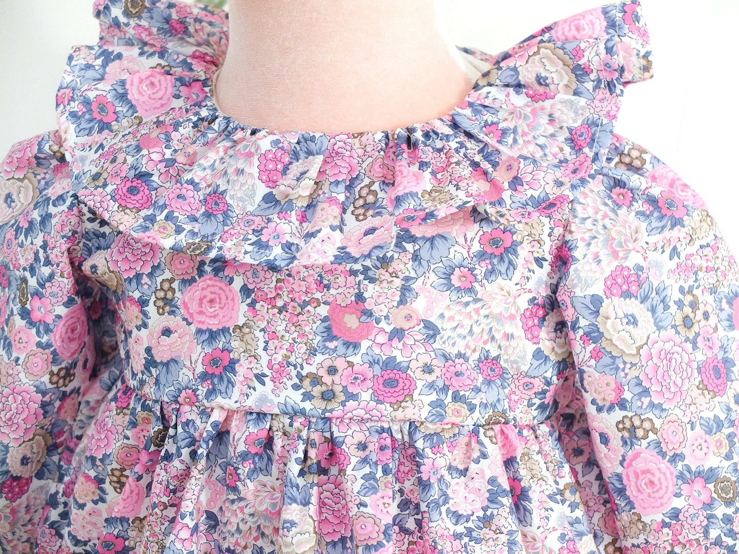Long Sleeve Liberty Print Romper: Pierrot Collar Baby Bubble, Ditsy Flower Onesie