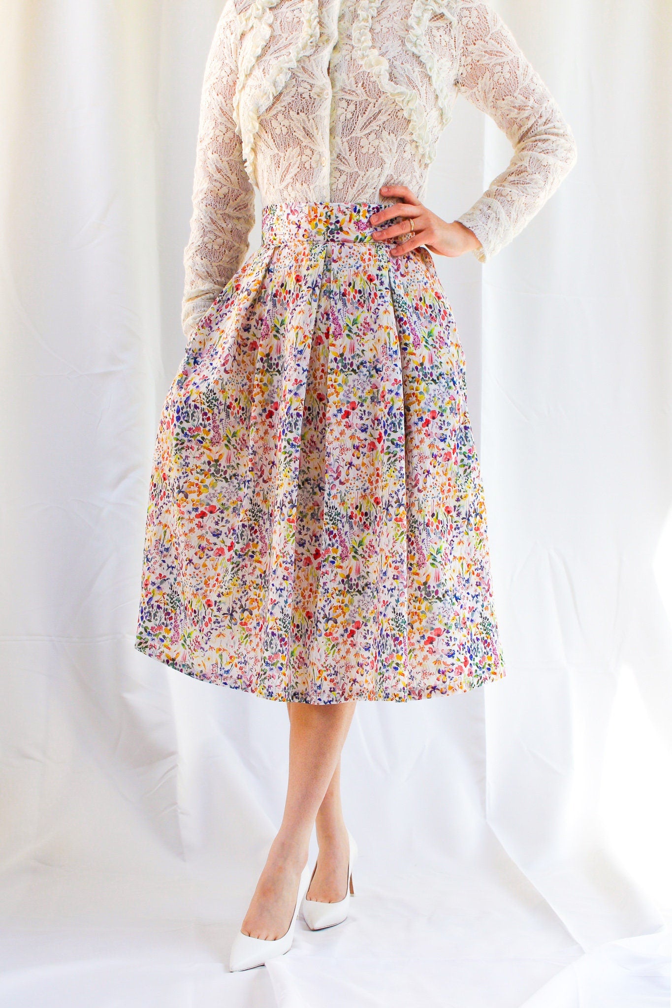 Liberty Floral Plated Midi Skirt: Cotton Print, Elegant Flare Skirt
