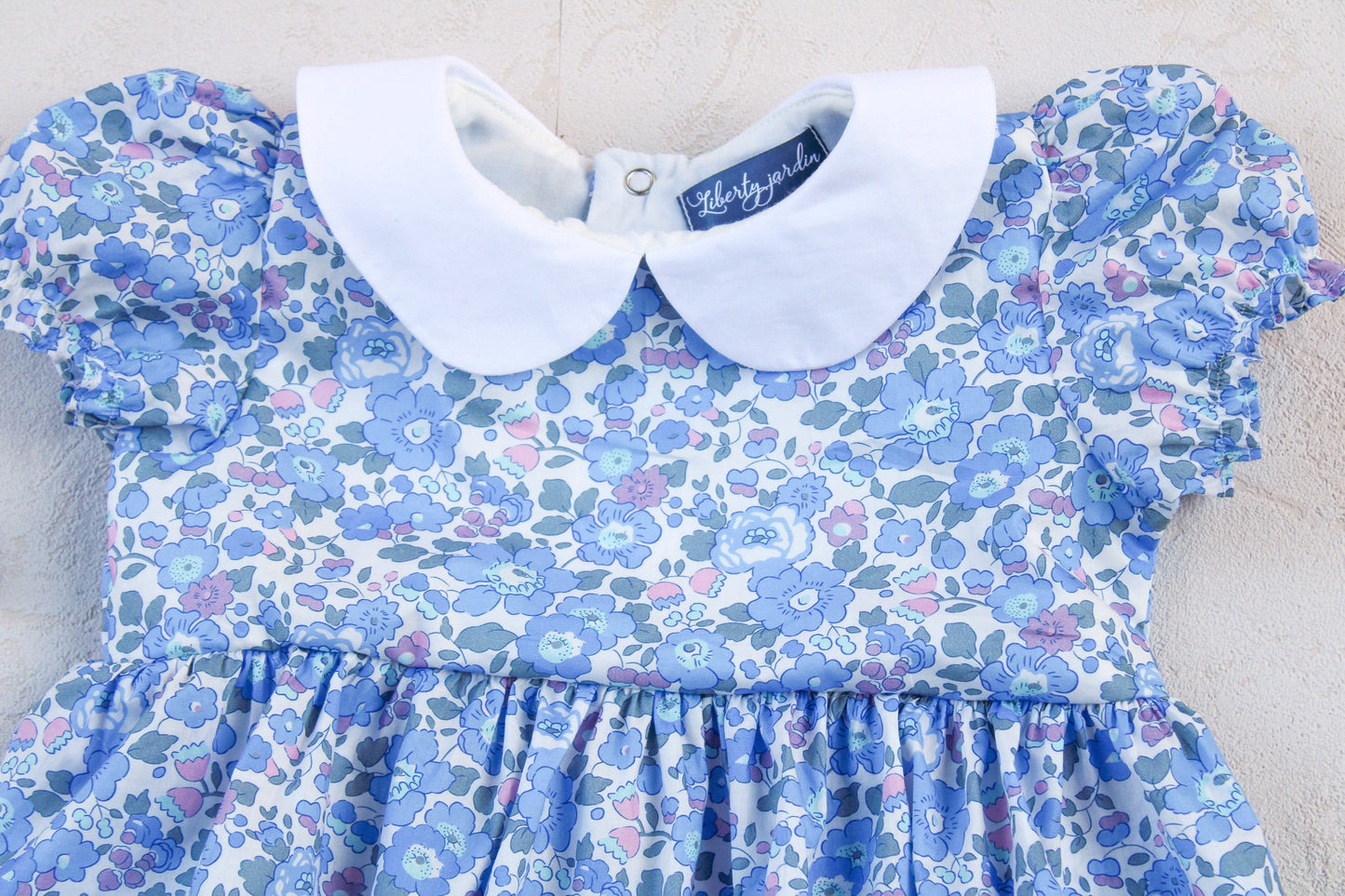 Liberty London Baby Bubble Romper: Peter Pan Collar, Floral Print Cotton Tana Lawn