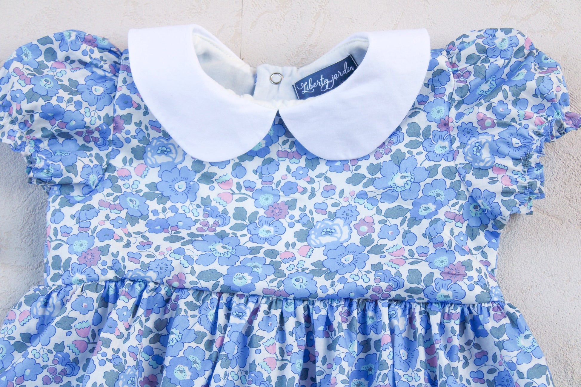 Liberty London Baby Bubble Romper: Peter Pan Collar, Floral Print Cotton Tana Lawn
