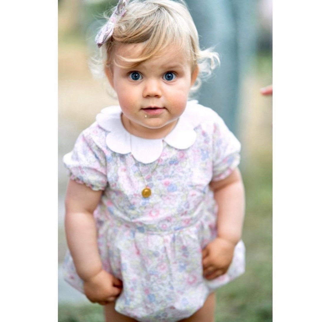 Liberty London Baby Bubble: Cotton Floral Print Romper, Bubble Short Sleeve, Scalloped Collar