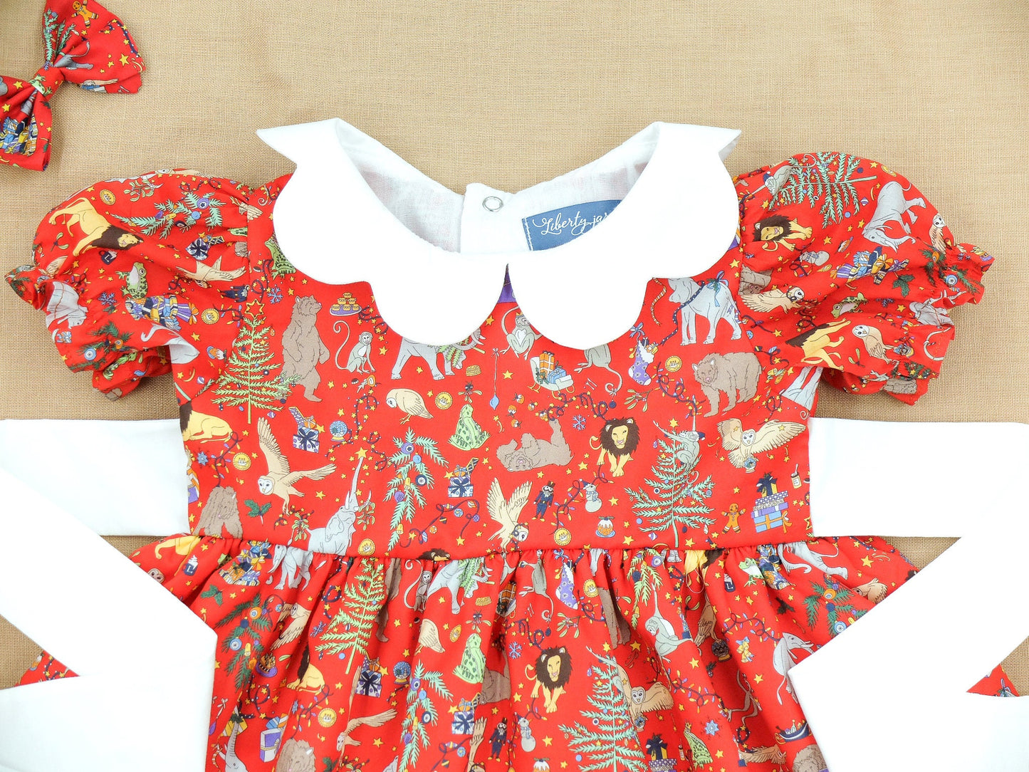 Liberty London Christmas Dress, Red Floral Tana Lawn, Scallop Collar