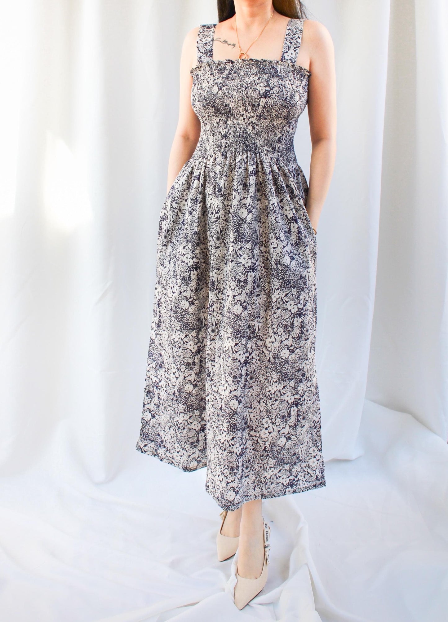 Liberty London Navy White Floral Print Smock Shirred Sun Dress, Cotton Handmade Beach Dress