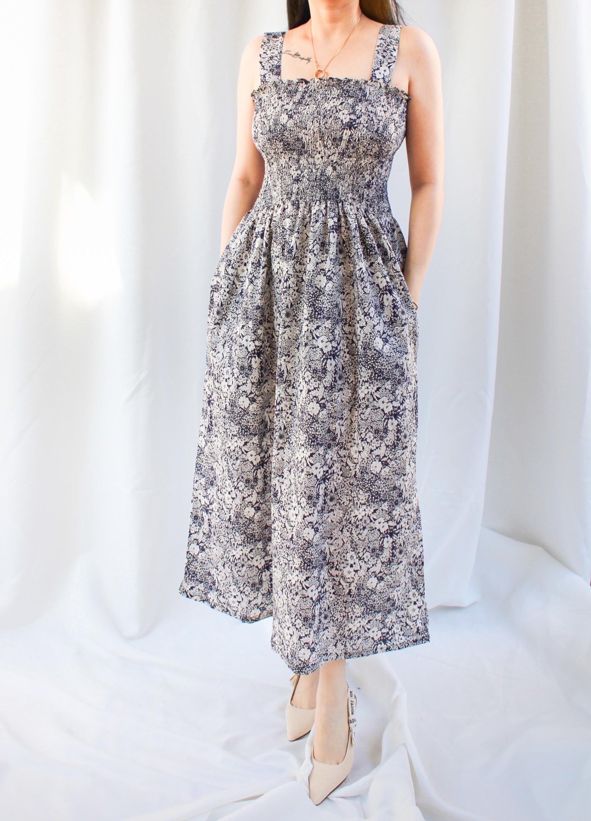 Liberty London Navy White Floral Print Smock Shirred Sun Dress, Cotton Handmade Beach Dress