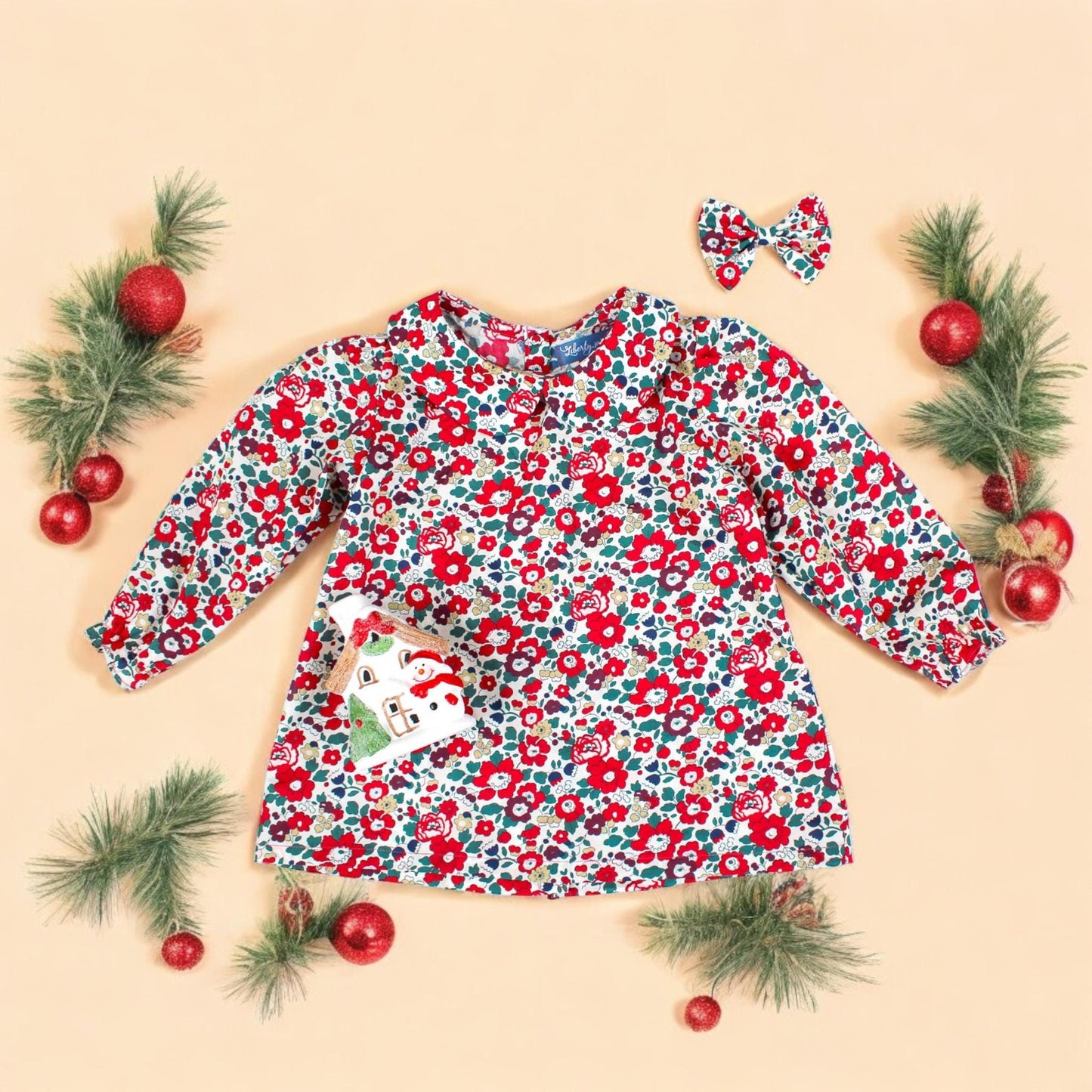 CHRISTMAS Liberty Girl Blouse: Peter Pan Collar, Long Puffy Sleeve, Floral Print Cotton
