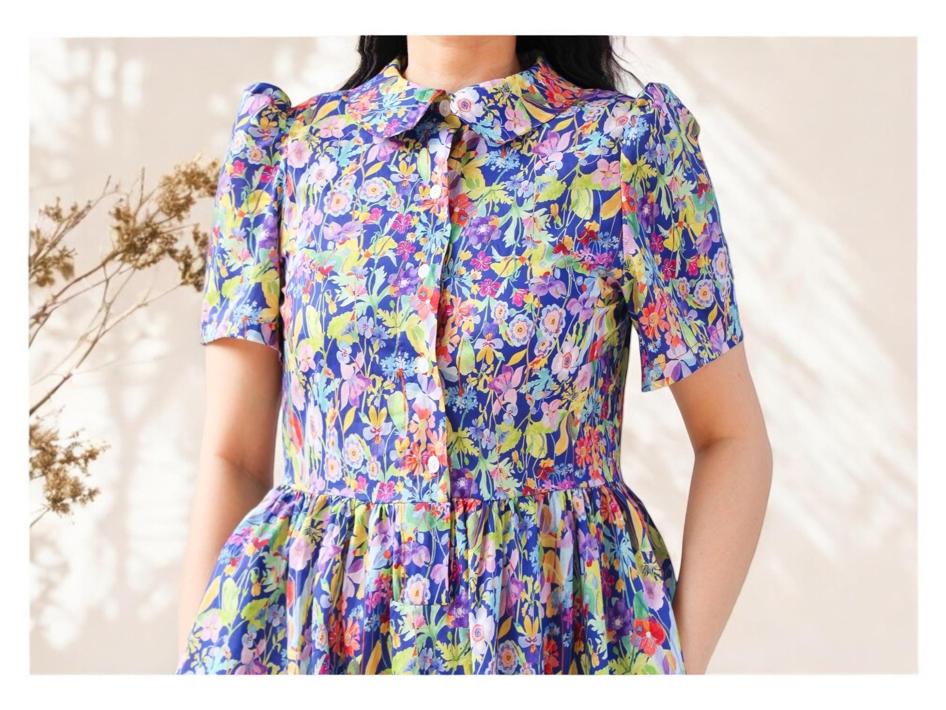 Maxi Liberty Shirt Dress Peter Pan Collar Short Sleeve: Floral Print