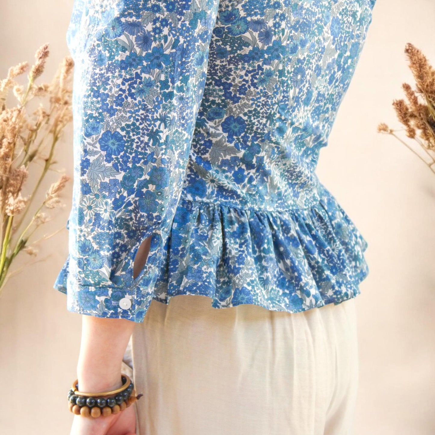 V-Neck Liberty Ditsy Print Peplum Top: Botanical 3/4 Sleeves, Magaret Annie Blue Floral Blouse