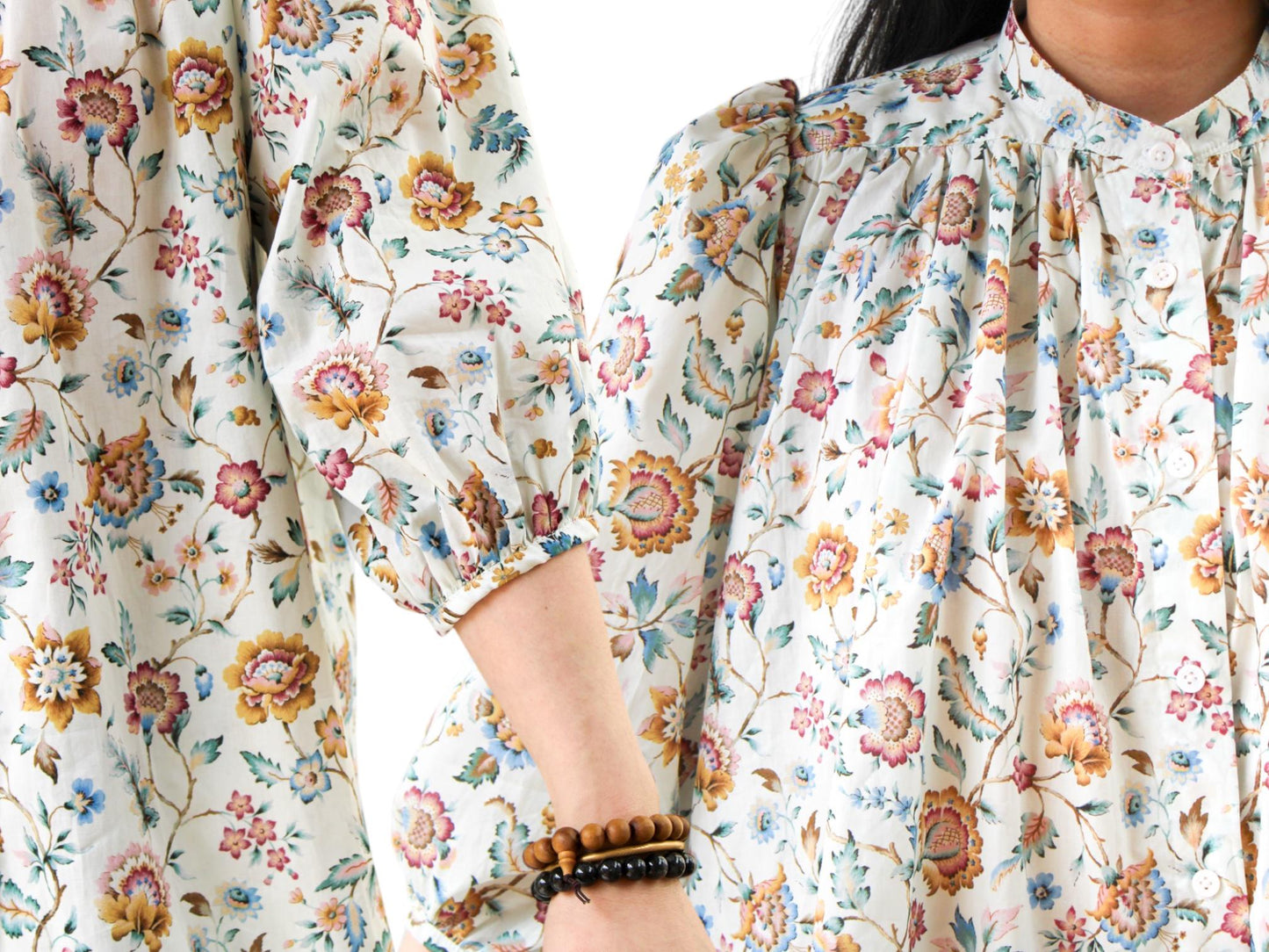 Liberty Print Gather Blouse Mandarin Collar 3/4 Sleeve