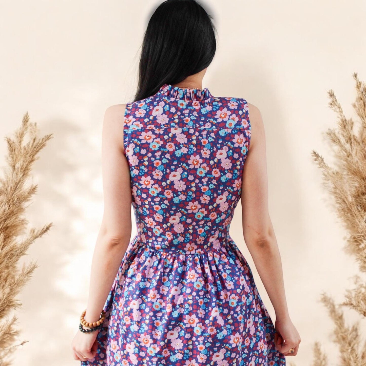Liberty London Floral Midi Dress, Ruffle Collar Sleeveless Cotton Sun Dress, Size US 4