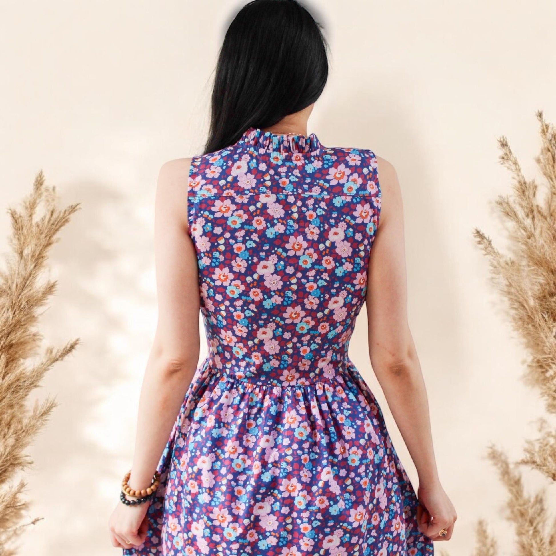 Liberty London Floral Midi Dress, Ruffle Collar Sleeveless Cotton Sun Dress, Size US 4