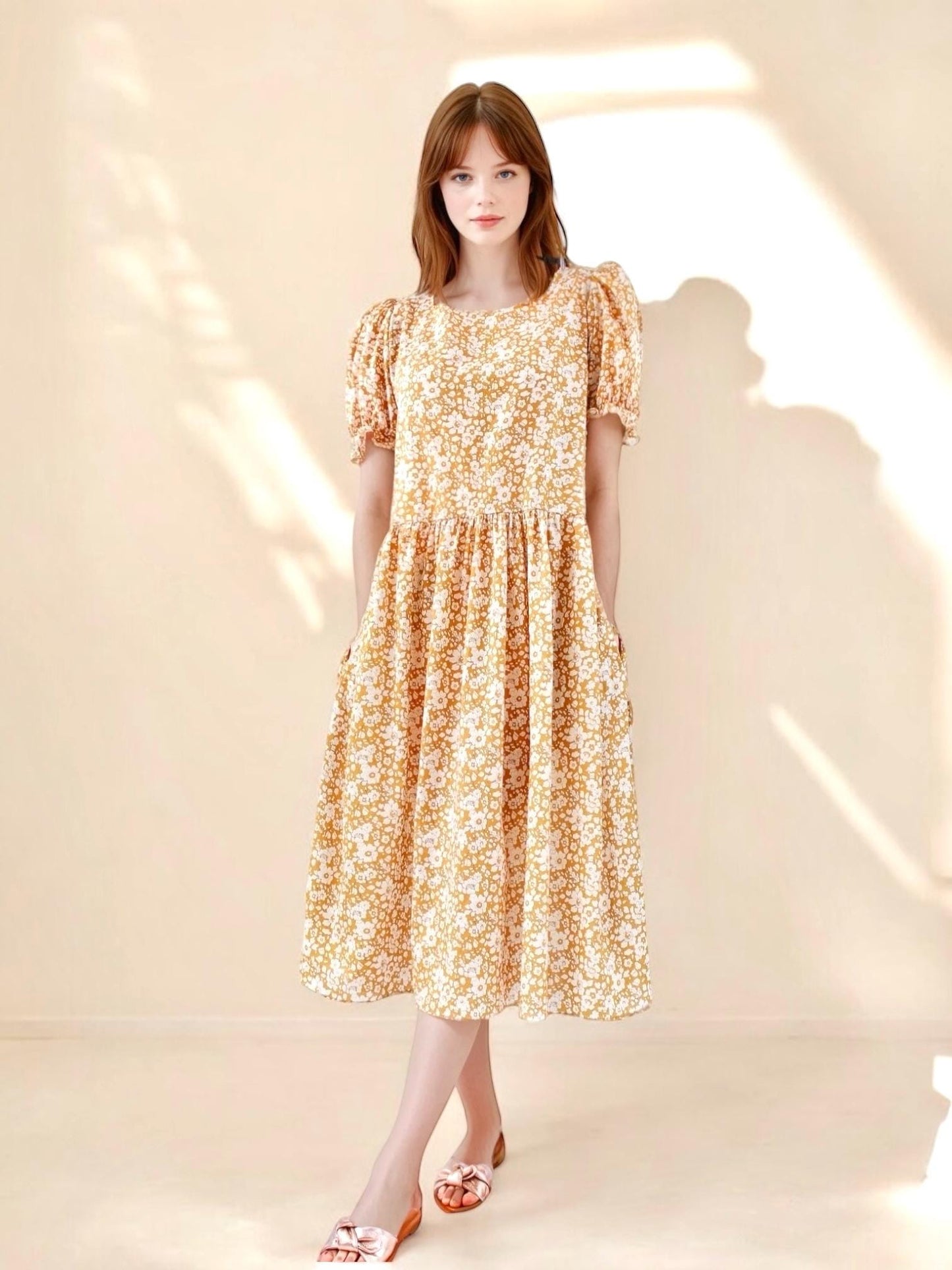 Liberty London Ditsy Floral Midi Dress: Scoop Neck, Short Puffy Sleeves, Lace Ties