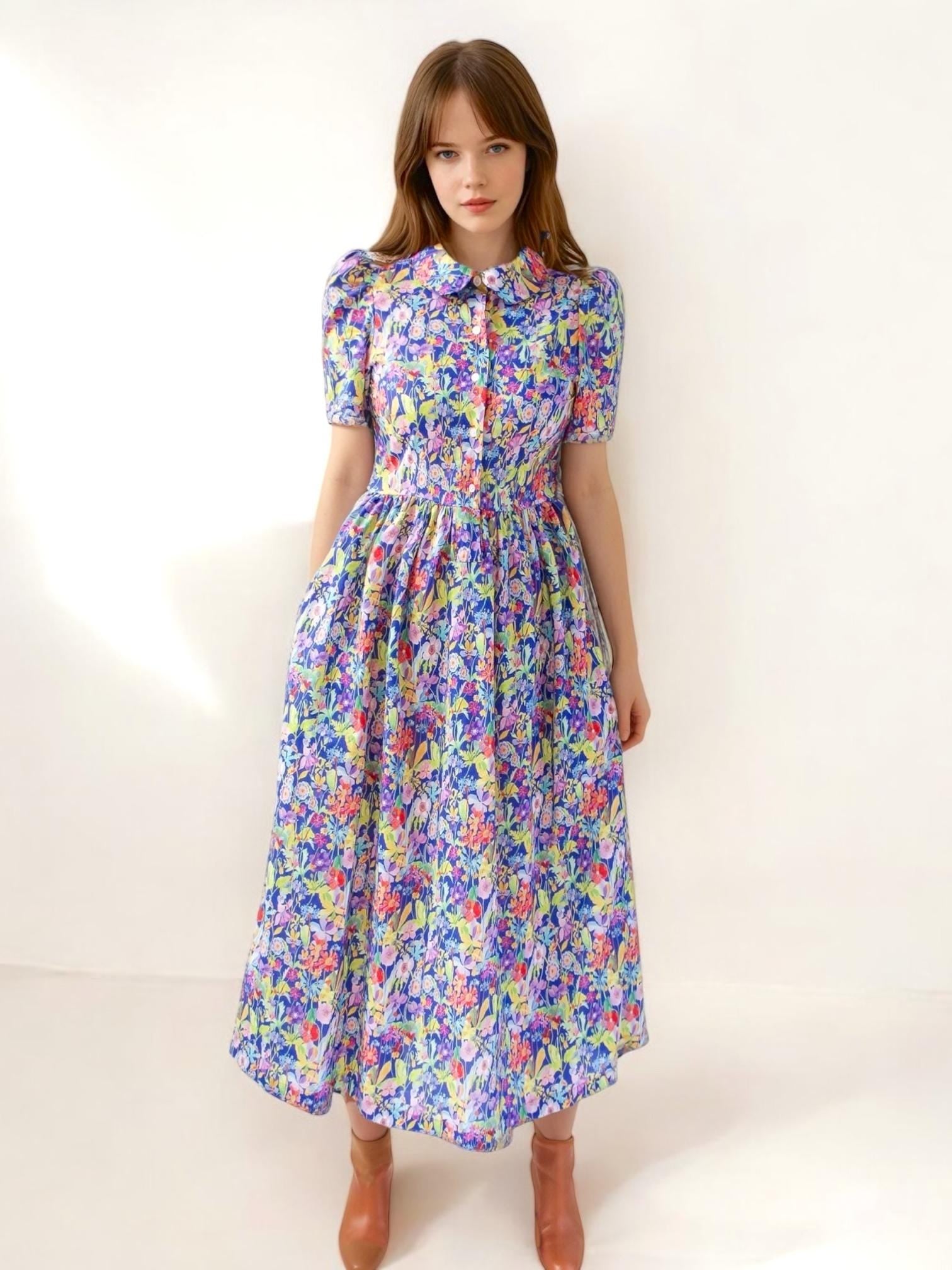 Maxi Liberty Shirt Dress Peter Pan Collar Short Sleeve: Floral Print
