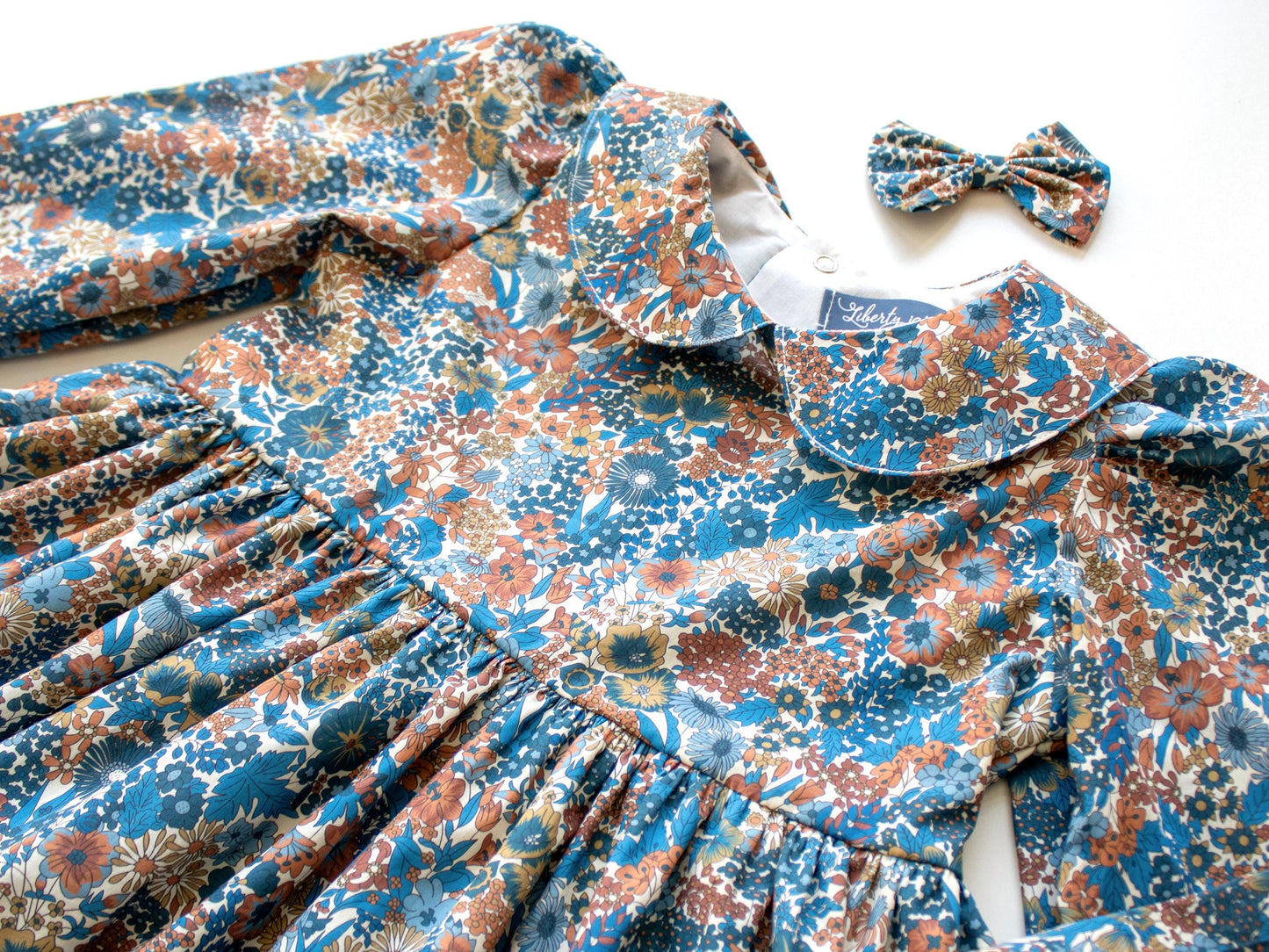 Liberty London Long Sleeve Peter Pan Collar Girl Dress: Floral Print Cotton Fabric