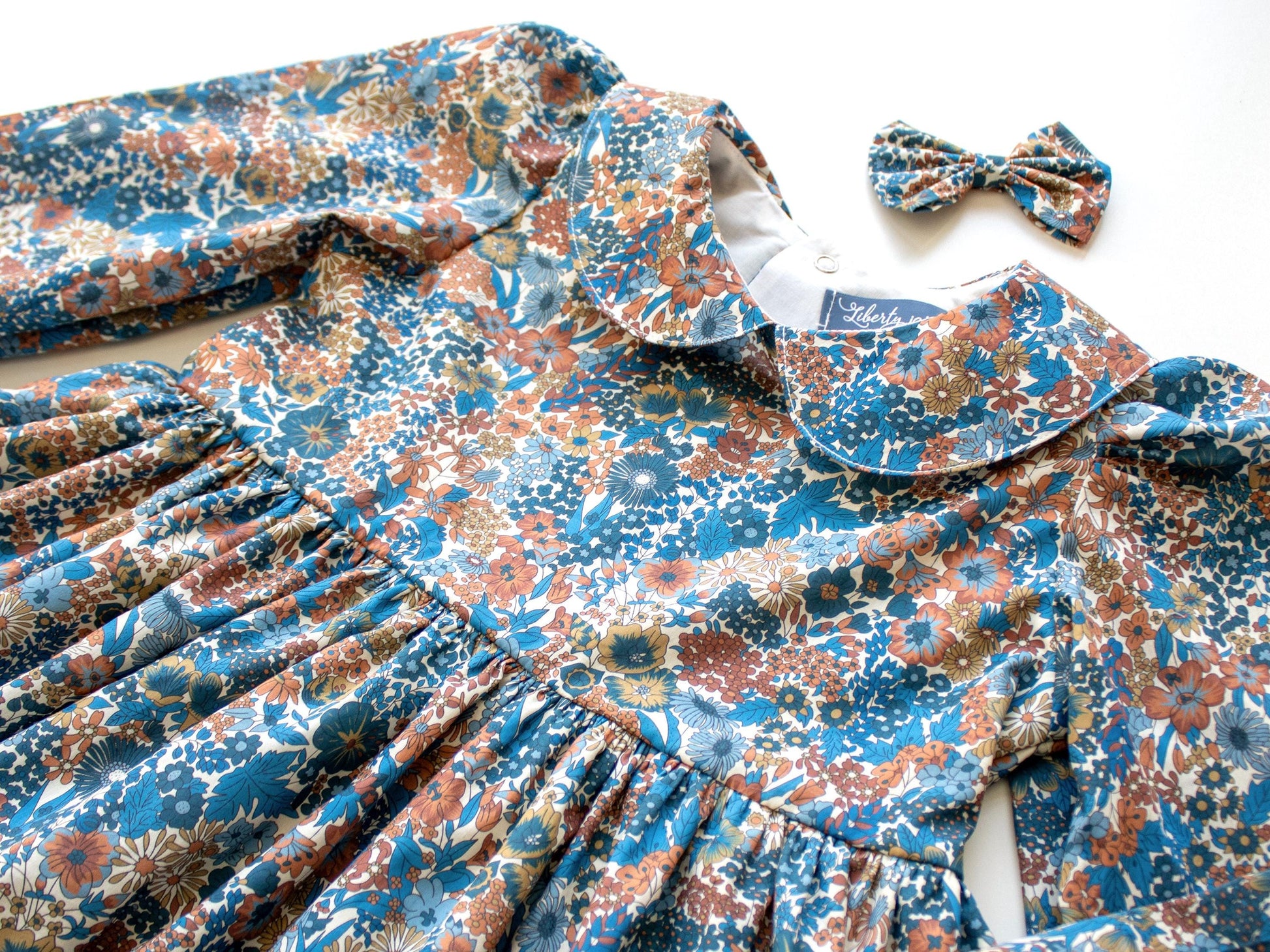 Liberty London Long Sleeve Peter Pan Collar Girl Dress: Floral Print Cotton Fabric