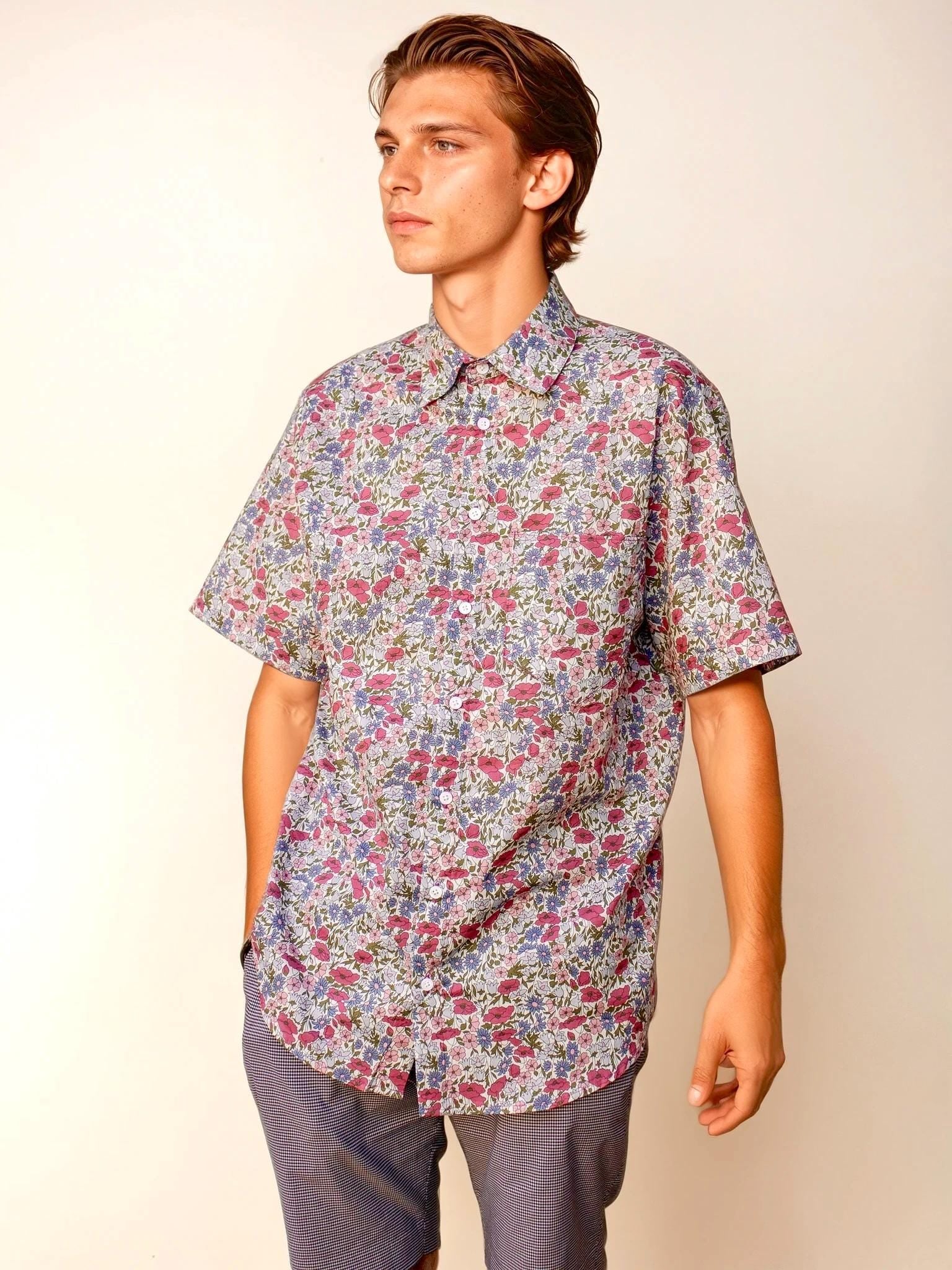 Liberty Print Men's Shirt Short Sleeve Men Shirt: Botanical Floral Cotton Button-Up