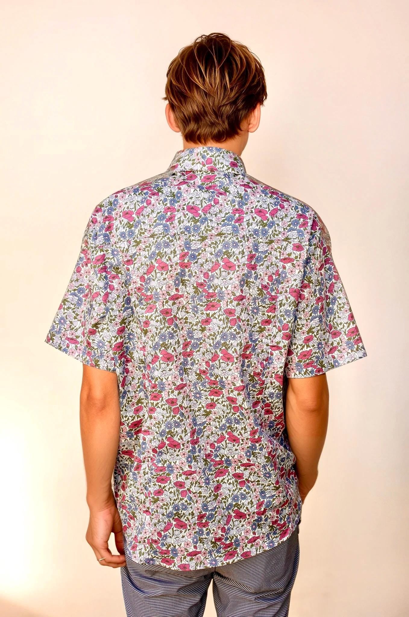 Liberty Print Men's Shirt Short Sleeve Men Shirt: Botanical Floral Cotton Button-Up
