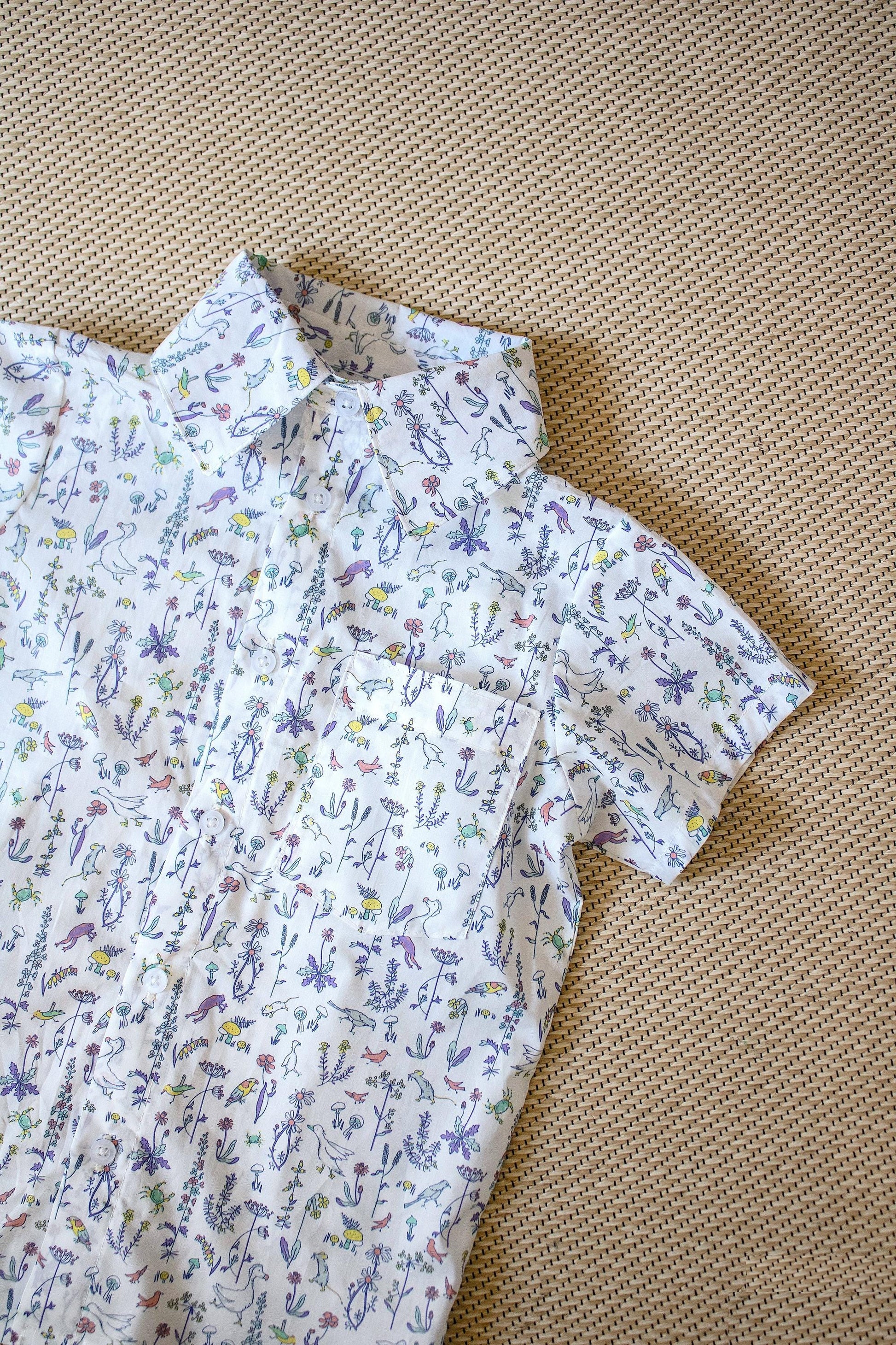 Liberty Fabric Short Sleeve Boy Shirt: Button Up, Animal Print, Botanical Floral