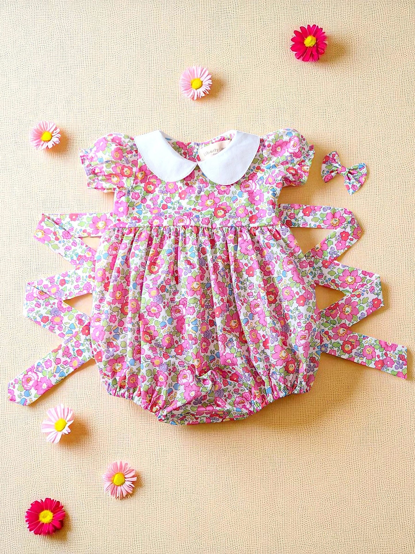 Peter Pan Collar Liberty Bubble Romper: Floral Print Cotton, Short Sleeve
