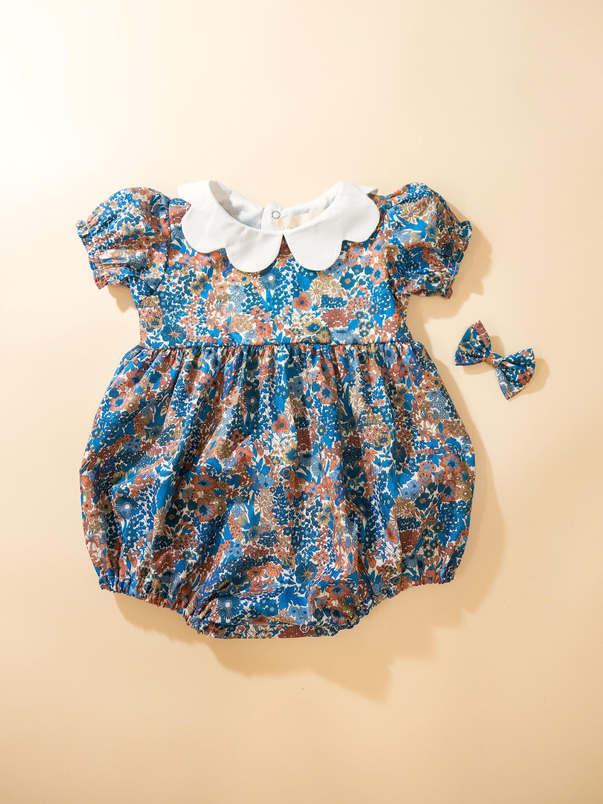 Liberty London Baby Bubble: Cotton Floral Print Romper, Bubble Short Sleeve, Scalloped Collar