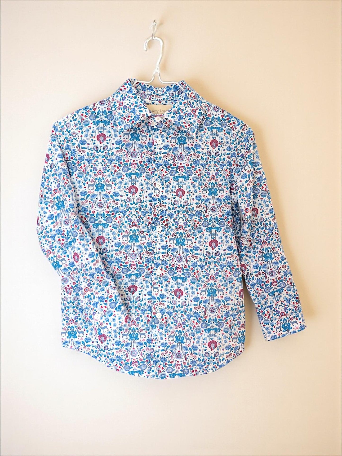 Liberty London Long Sleeves Button Up Shirt, Blue Animal Floral Print Chemise, Handmade Clothing
