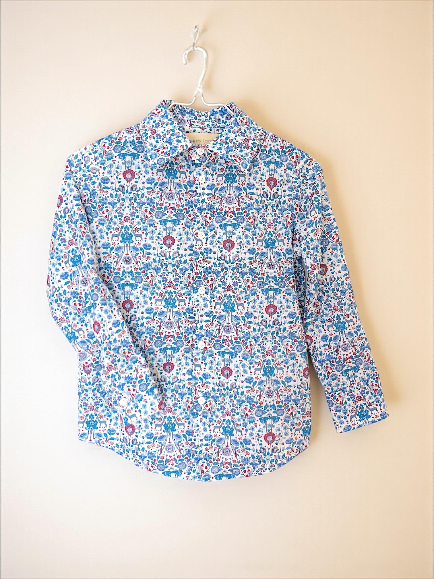 Liberty London Long Sleeves Button Up Shirt, Blue Animal Floral Print Chemise, Handmade Clothing