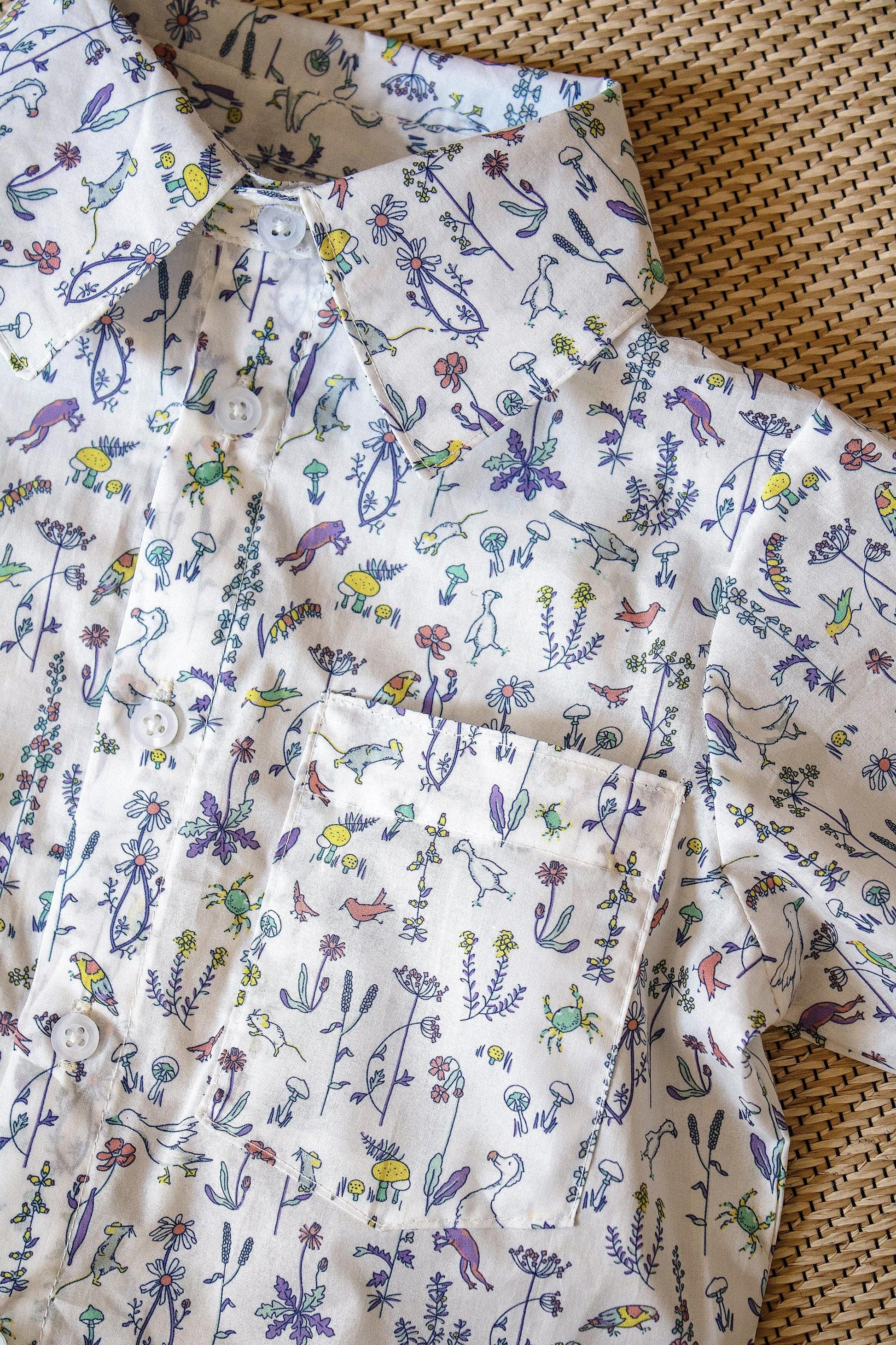 Liberty Fabric Short Sleeve Boy Shirt: Button Up, Animal Print, Botanical Floral