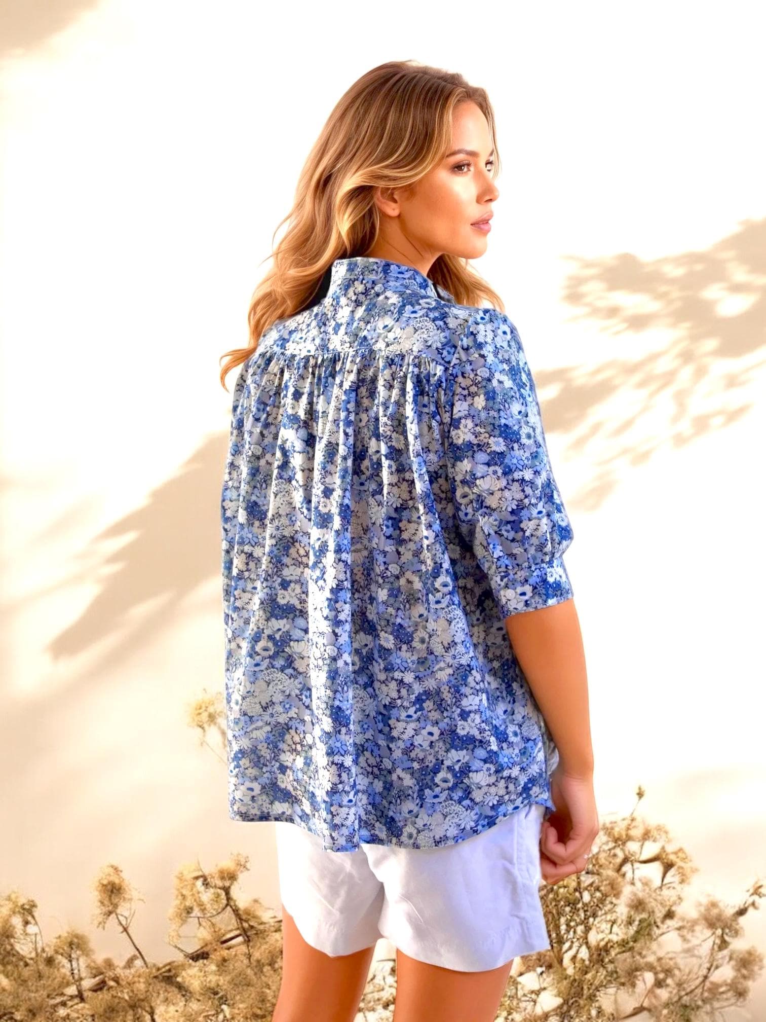Liberty London Mandarin Collared Gather Blouse, Handmade Botanical Short-sleeved Shirt, Sustainable Womenswear, Tailoring Clothing