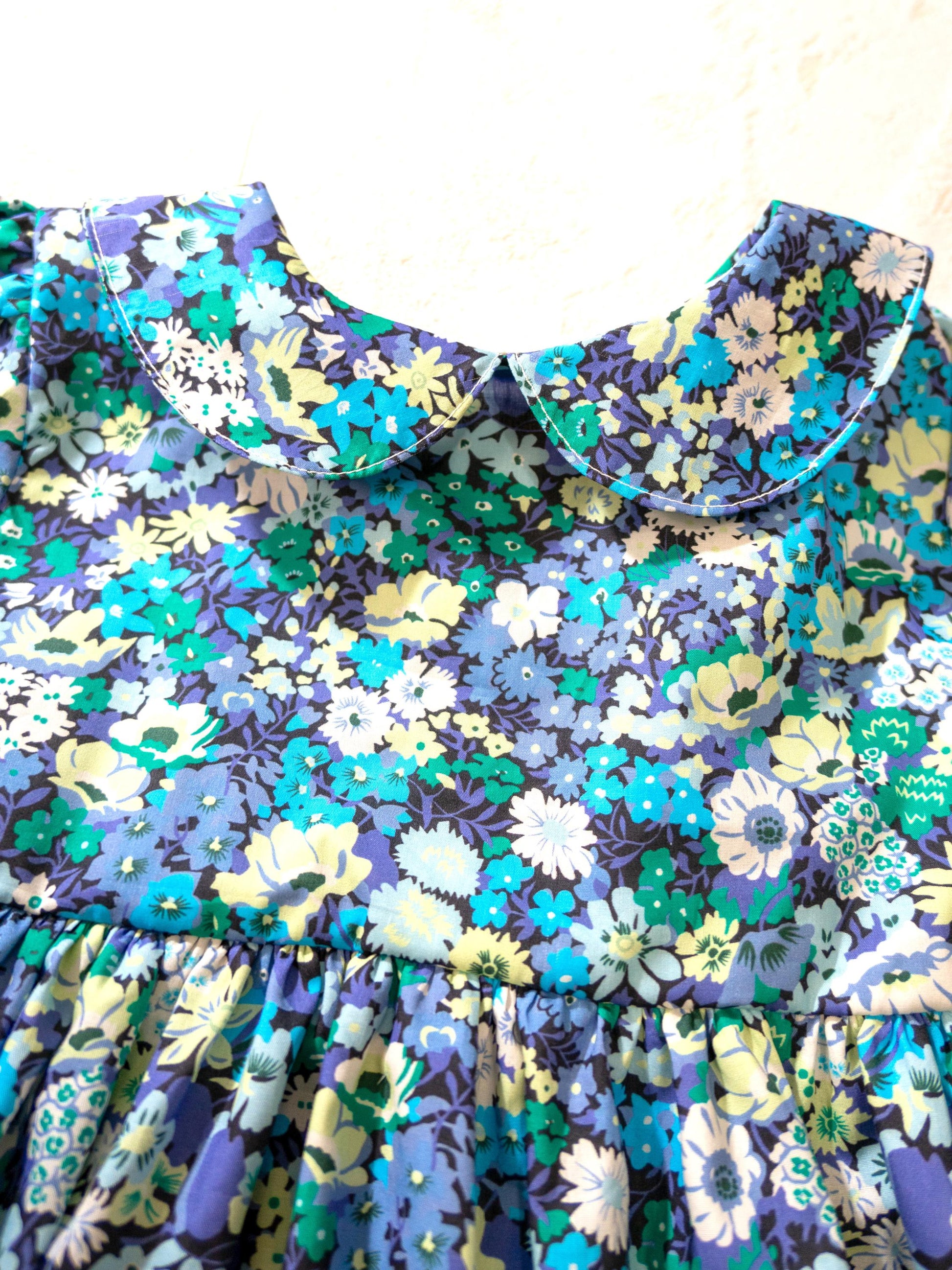 Liberty London Peter Pan Collar Long Sleeves Dress, Green Blue Floral Print Handmade Dress