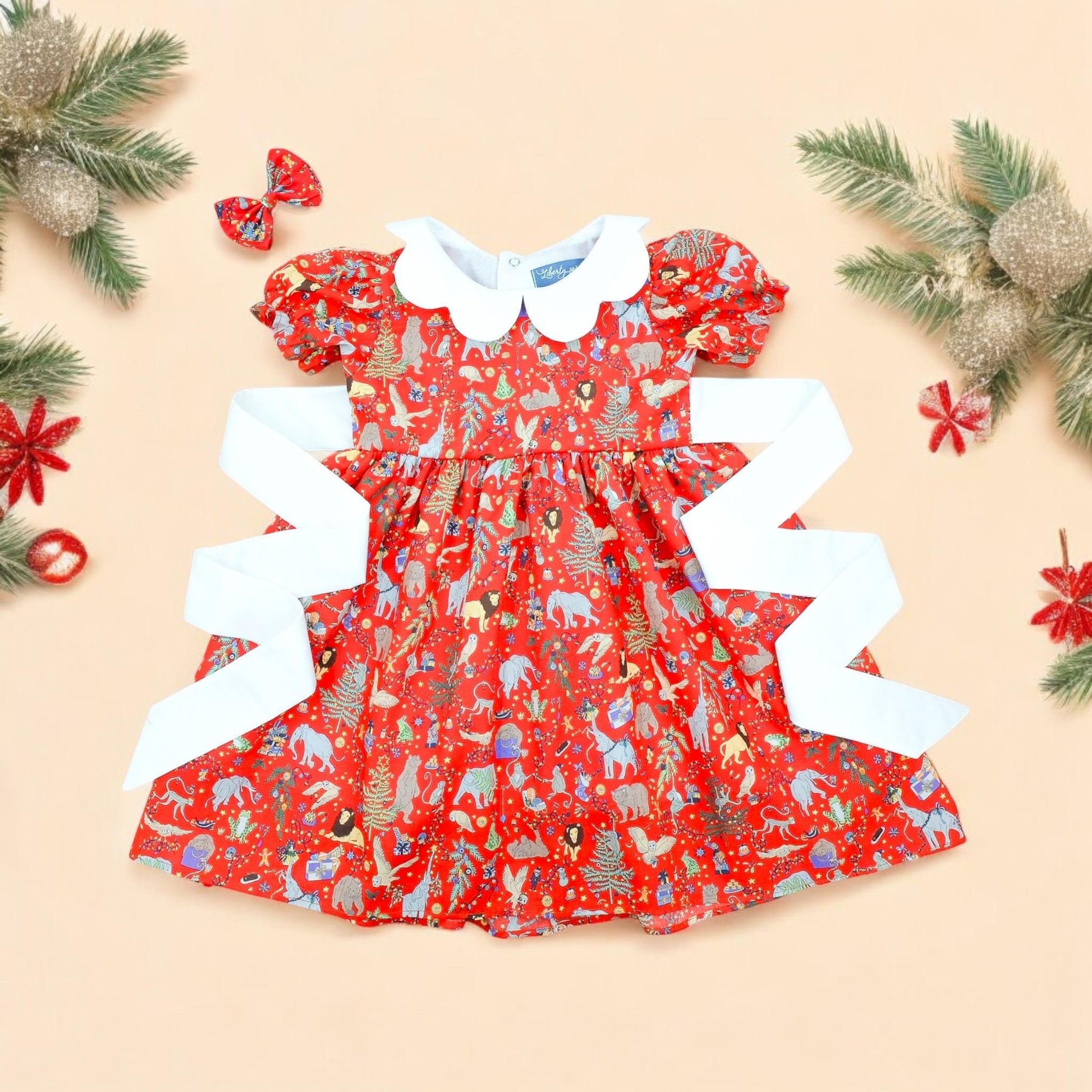 Liberty London Christmas Dress, Red Floral Tana Lawn, Scallop Collar