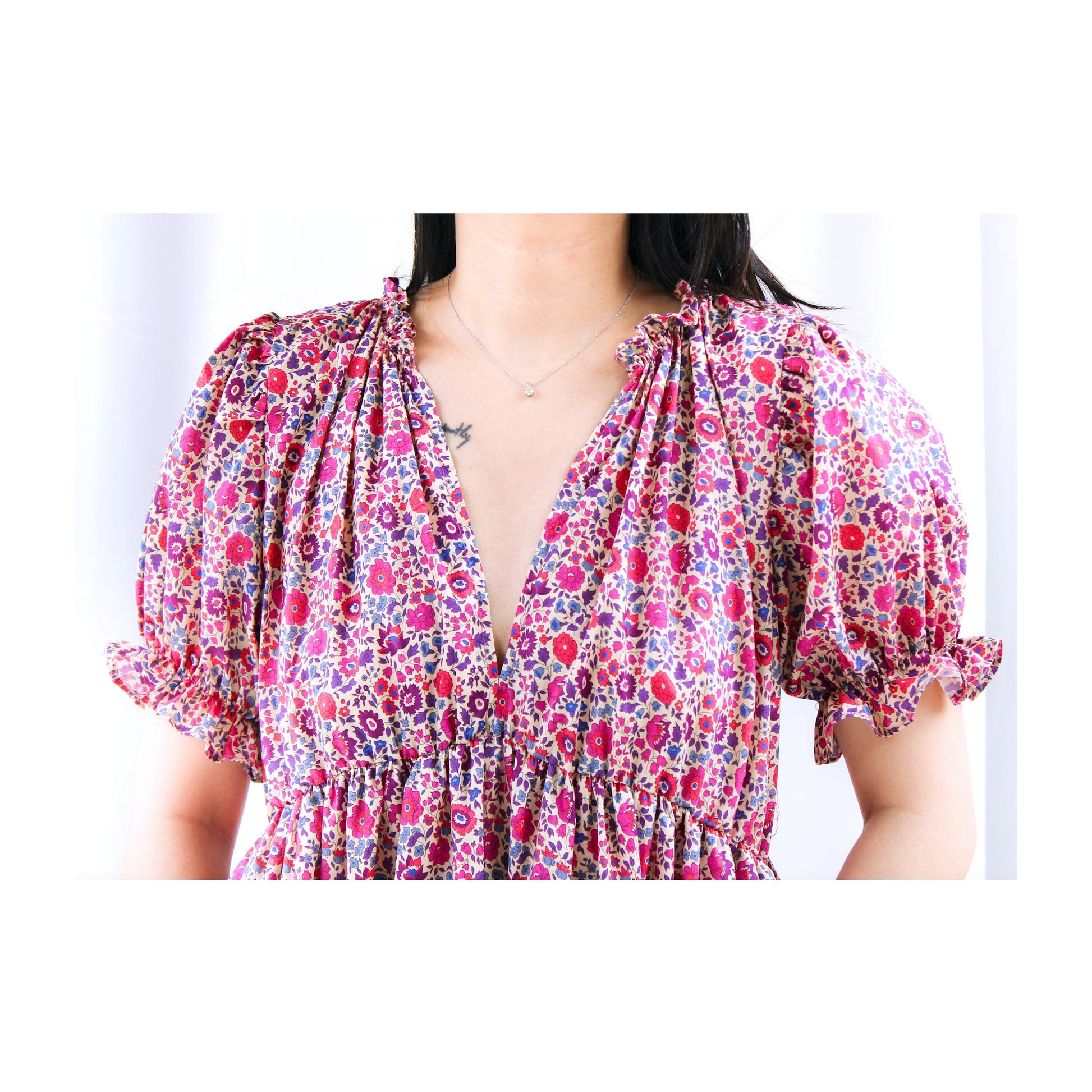 Liberty Fabric V Neck Smock Dress: Midi Floral Dress, Puffy Short Sleeve