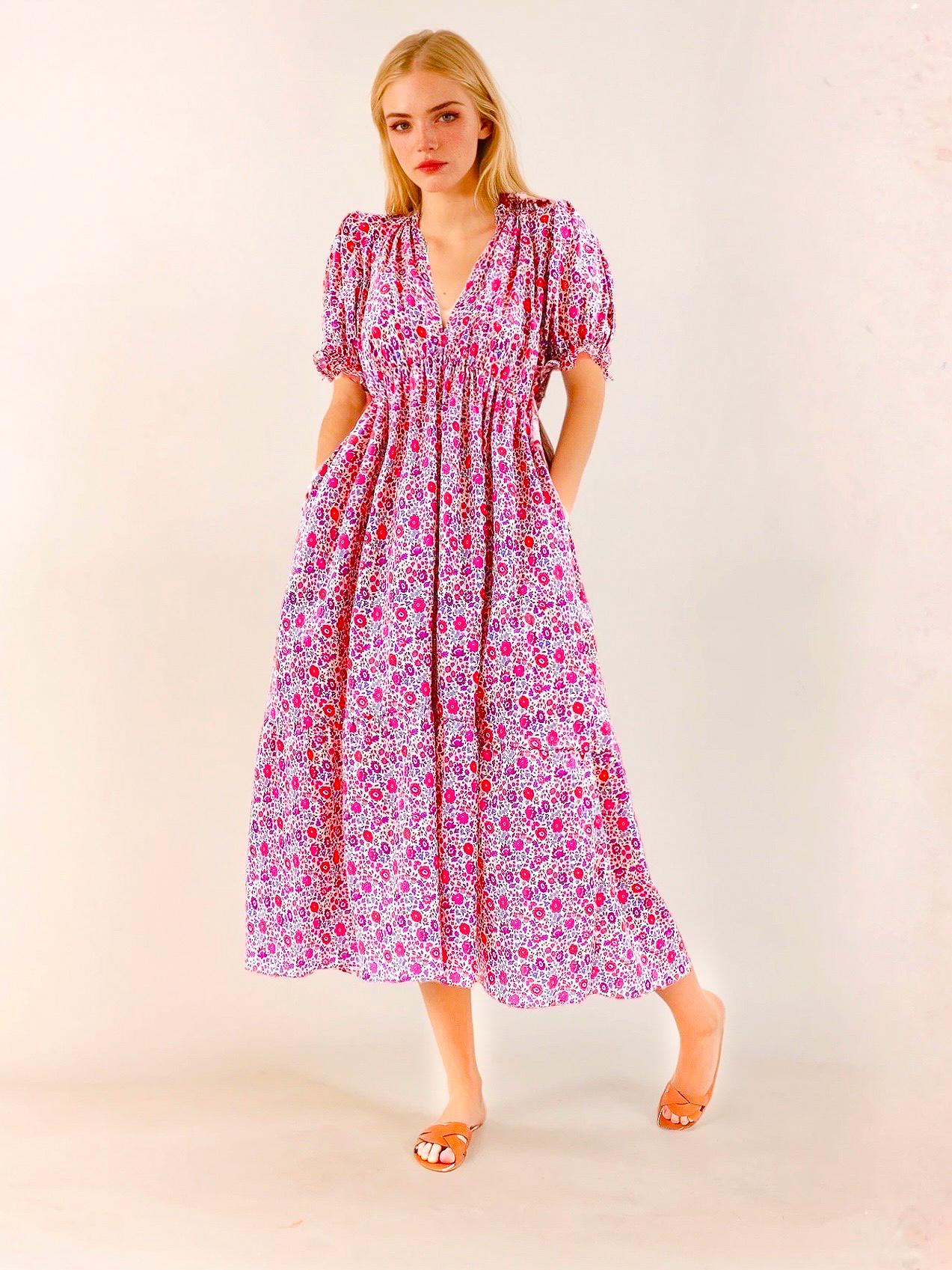 Liberty Fabric V Neck Smock Dress: Midi Floral Dress, Puffy Short Sleeve