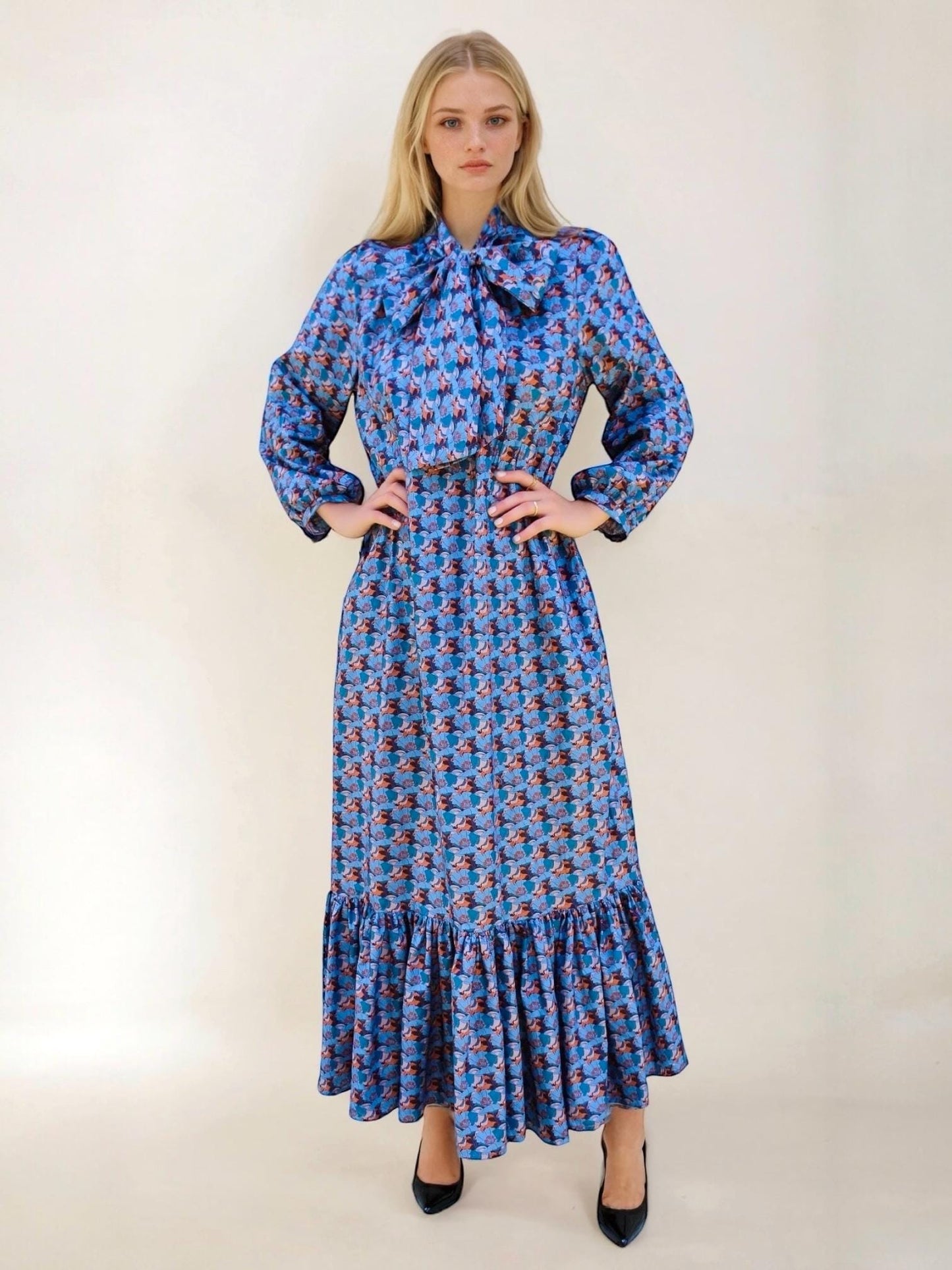 Liberty London Maxi Dress: Floral Print Long Sleeve Pussy Bow Dress