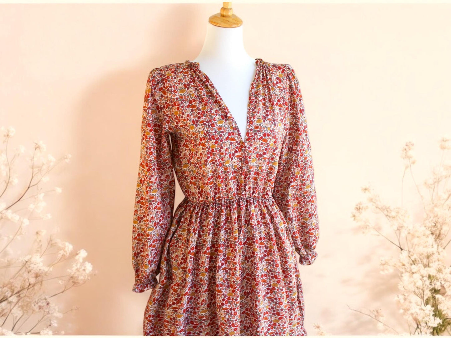 V Neck Liberty Print Dress Long Sleeve Ditsy Botanical Floral