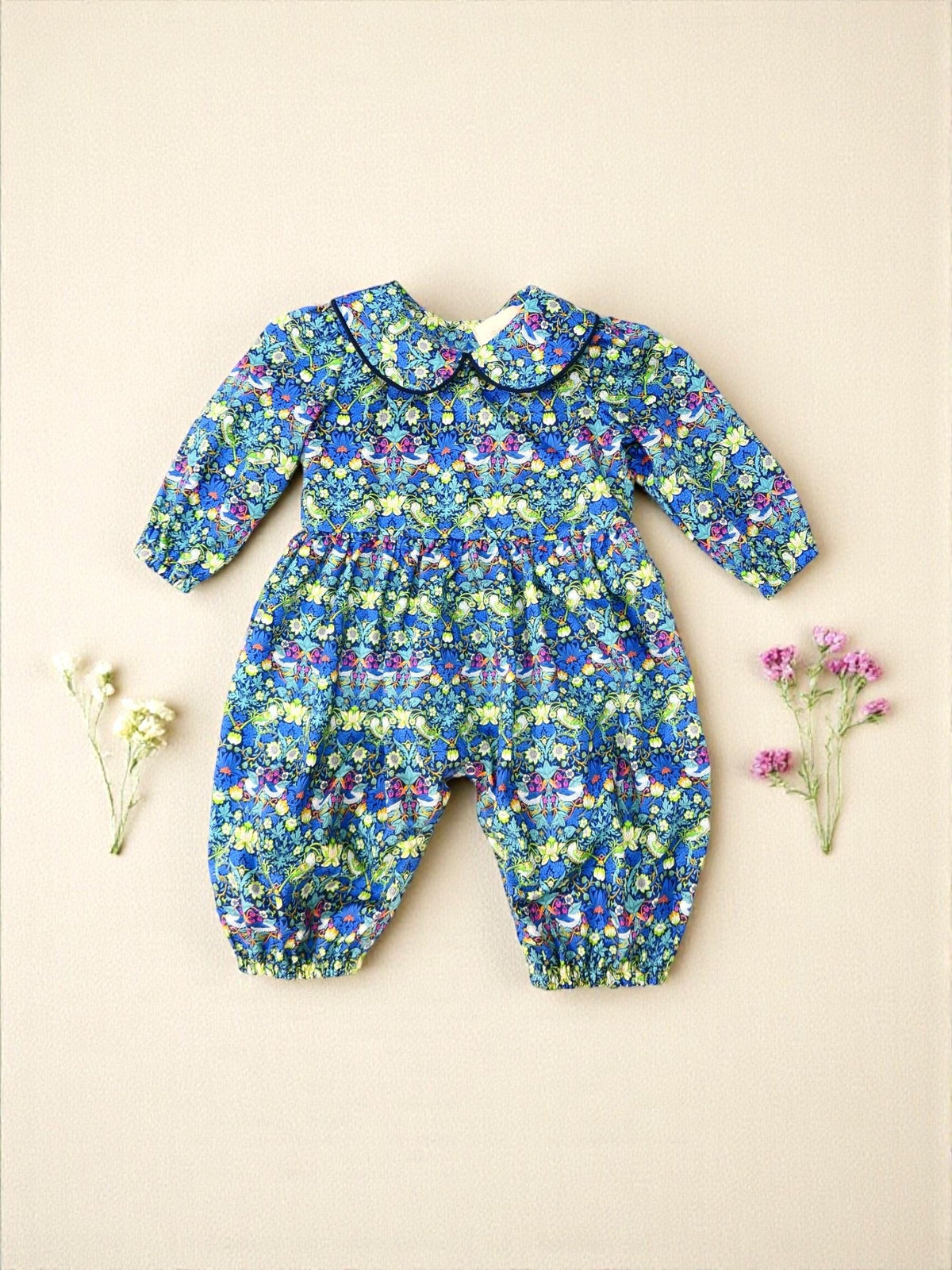 Liberty Overalls Long Sleeves Peter Pan Collar: Strawberry Thief Print