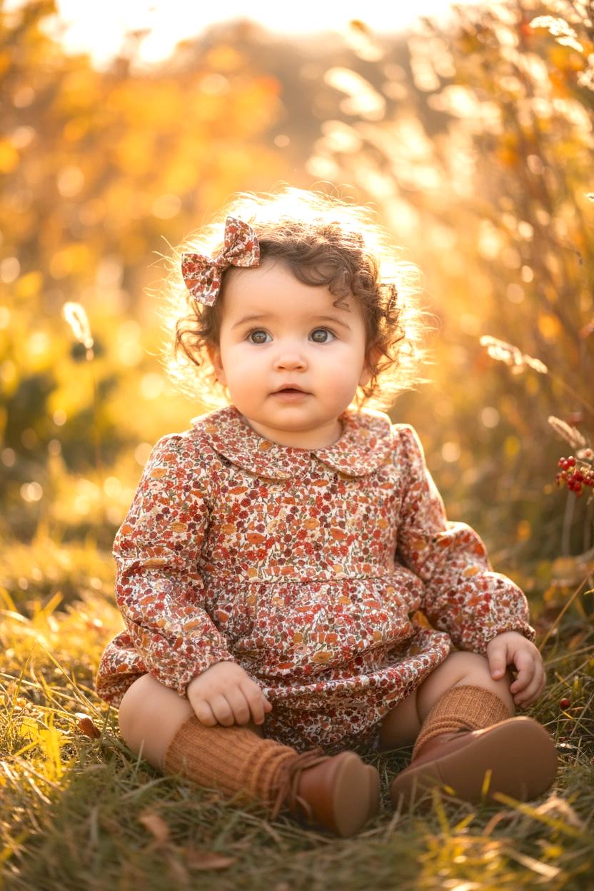 Liberty London Baby Playsuit: Long Sleeve Romper, Peter Pan Collar, Botanical Print