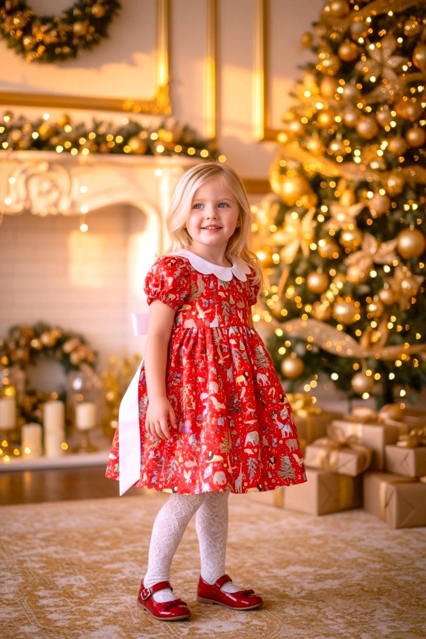 Liberty London Christmas Dress, Red Floral Tana Lawn, Scallop Collar