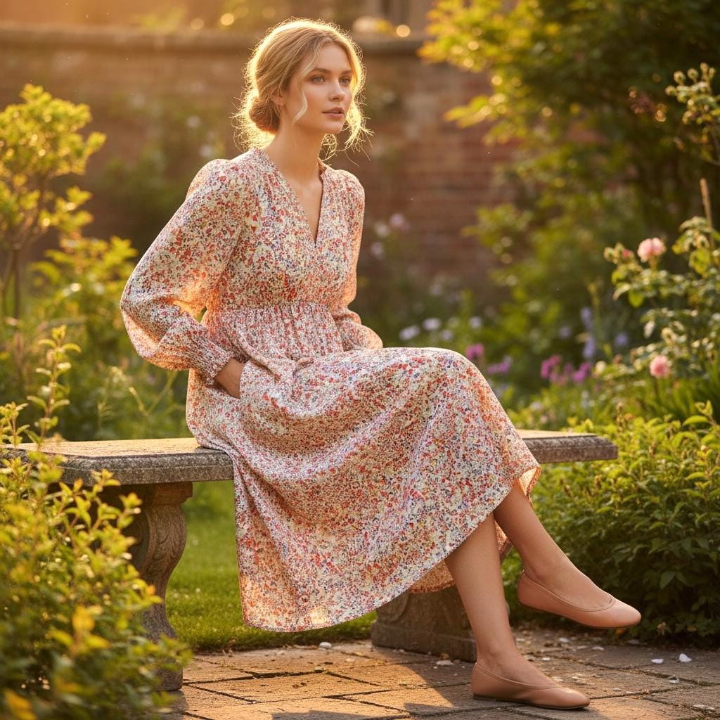 Liberty London V Neck Tiered Dress: Midi Long Sleeve, Floral Print Cotton