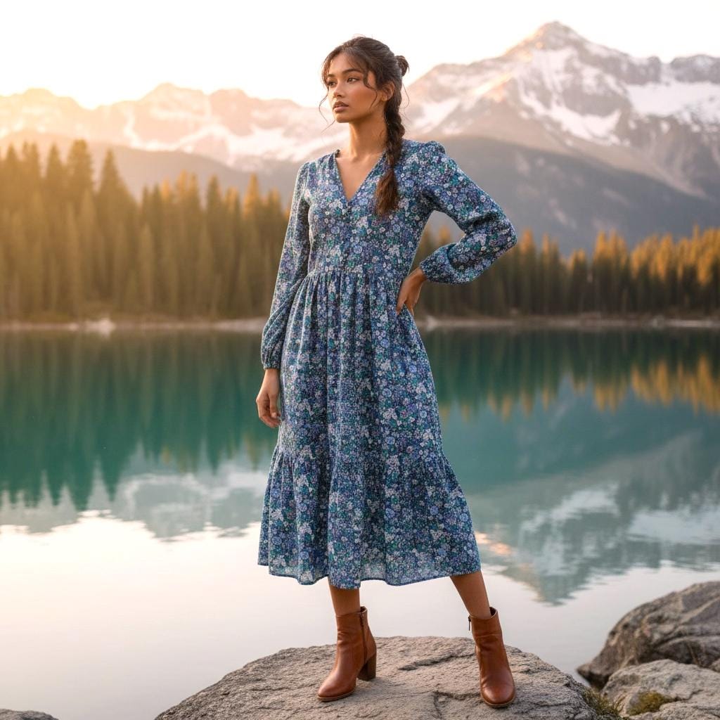 Boho Liberty V Neck Tiered Midi Long Sleeve Dress: Ditsy Floral Print Cotton