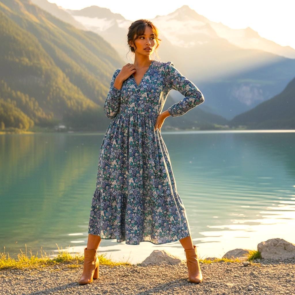 Boho Liberty V Neck Tiered Midi Long Sleeve Dress: Ditsy Floral Print Cotton