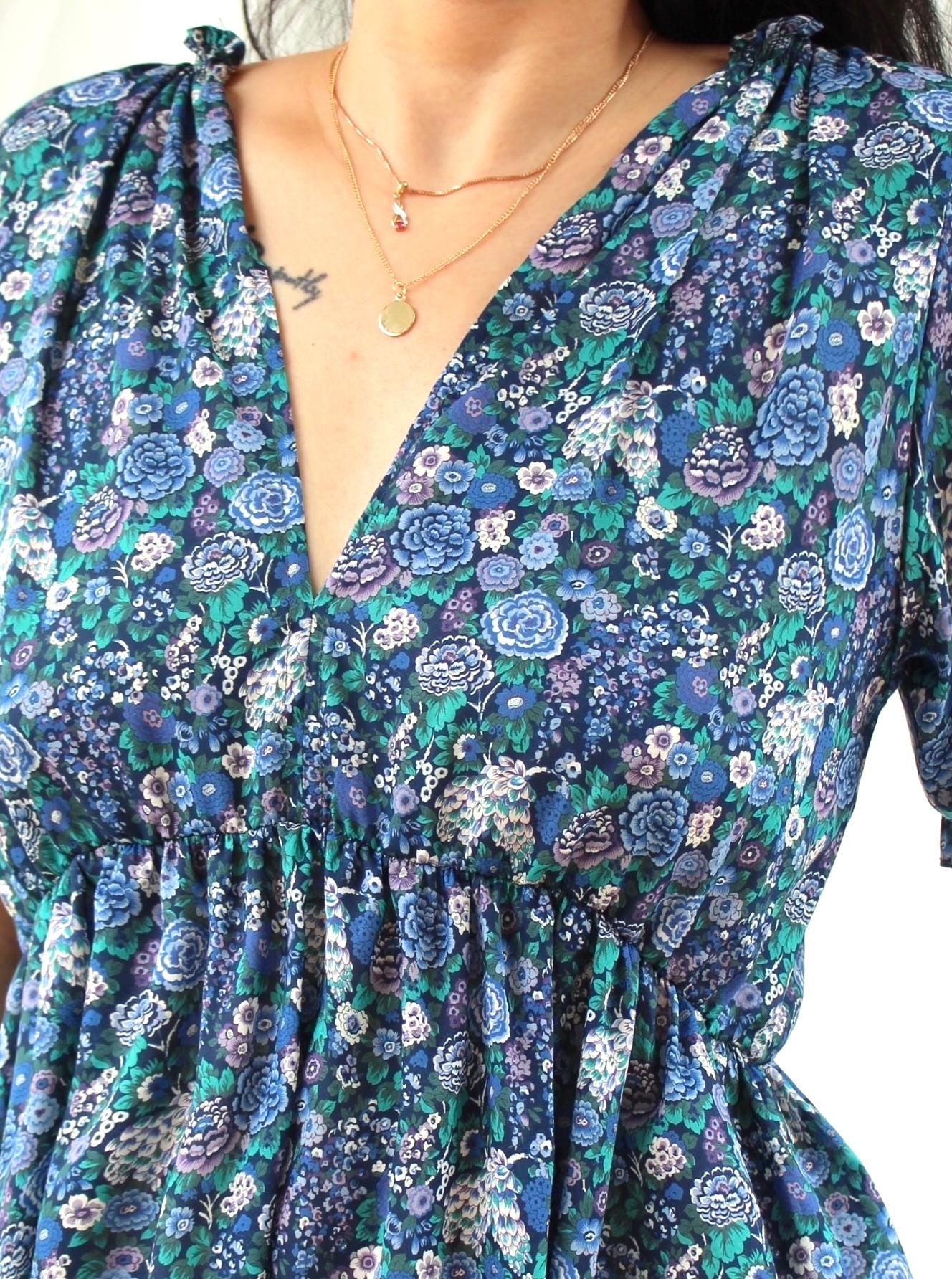Boho Liberty V Neck Tiered Midi Long Sleeve Dress: Ditsy Floral Print Cotton