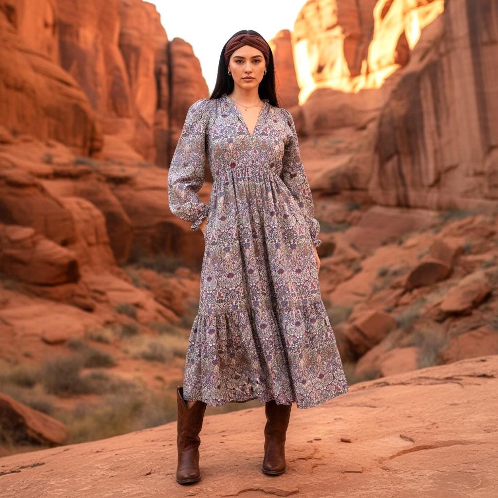 Boho Liberty V Neck Tiered Midi Long Sleeve Dress: Ditsy Floral Print Cotton