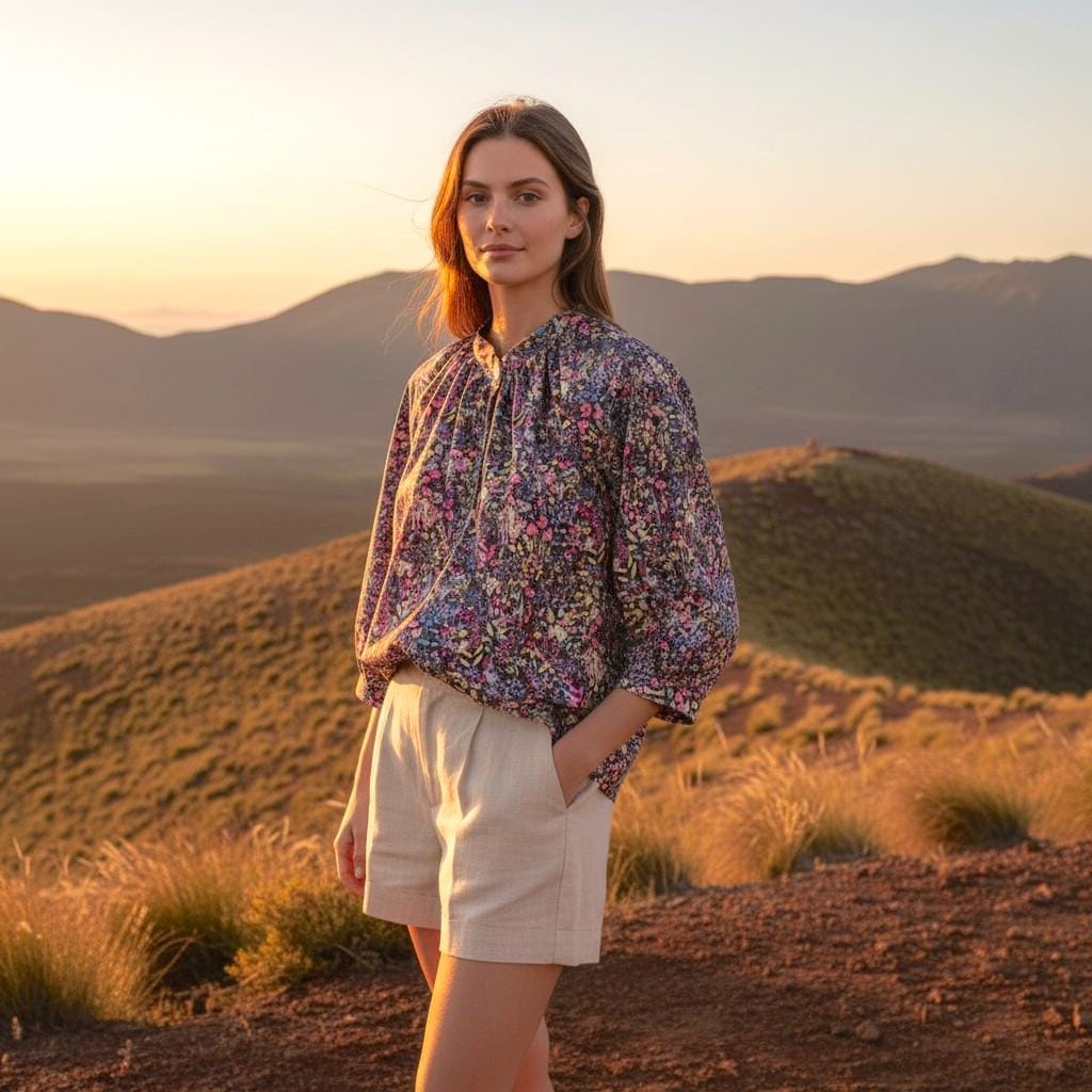 Mandarin Collar Liberty Blouse Floral Print 3/4 Sleeves