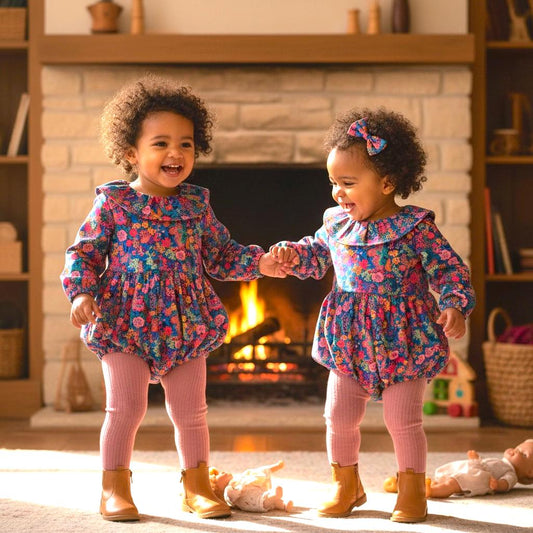 TWINS Baby Liberty London Bubble Romper: Long Sleeves, Ruffle Collar Playsuit