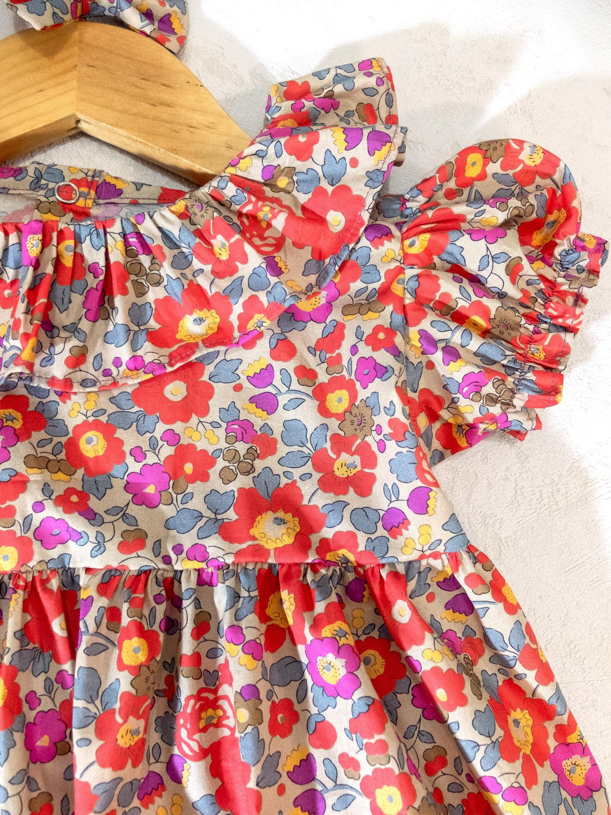 Liberty London Bubble Romper: Floral Print Cotton, Short Sleeves, Ruffle Collar