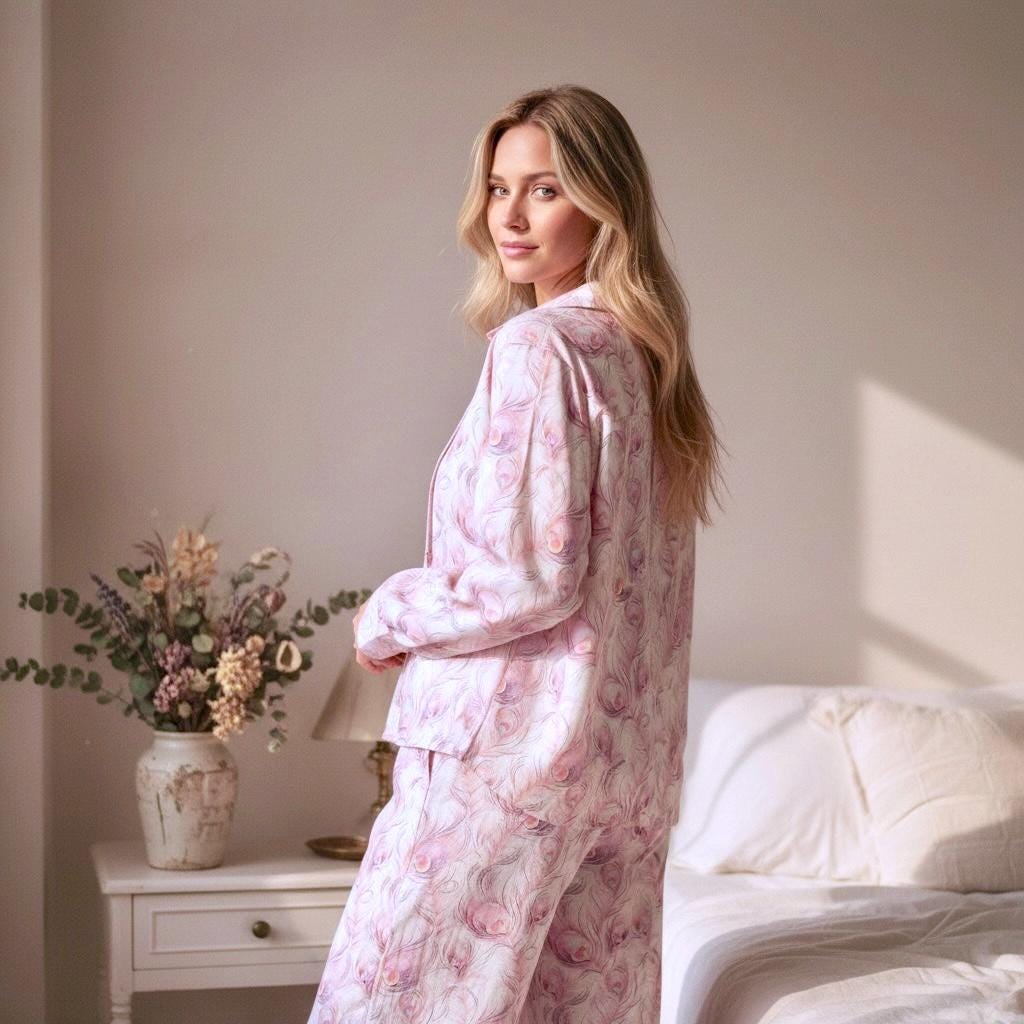 Liberty London Cotton Pajama Set, Feather Print Loungewear