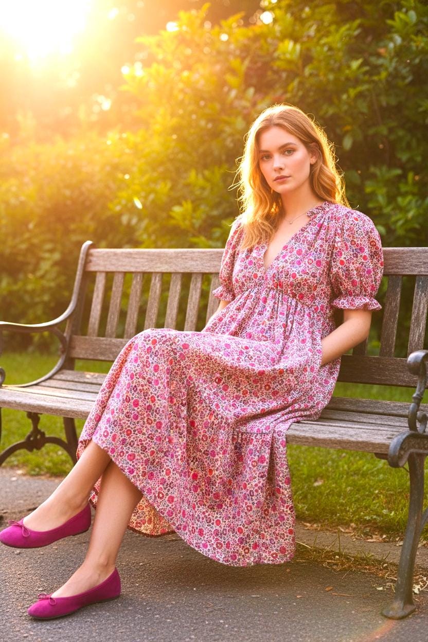 Liberty Fabric V Neck Smock Dress: Midi Floral Dress, Puffy Short Sleeve